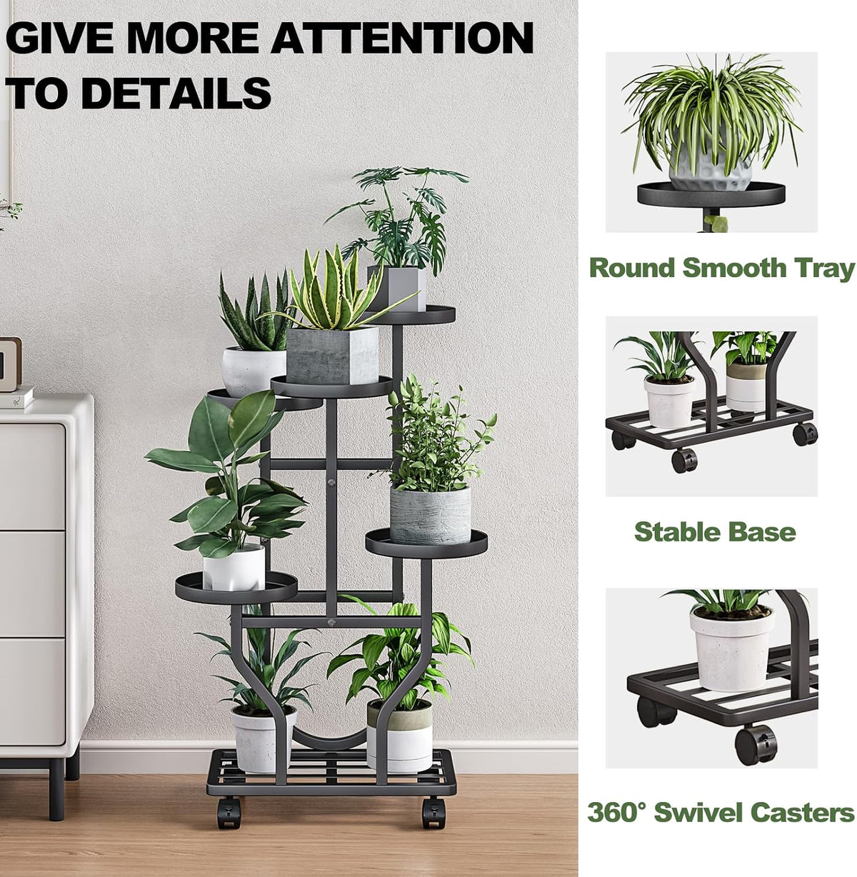 Plant Stand with Wheels, Black 5 Tier Metal Plant Shelf for Indoor Outdoor | Corner Plants Stand Indoor for Bedroom