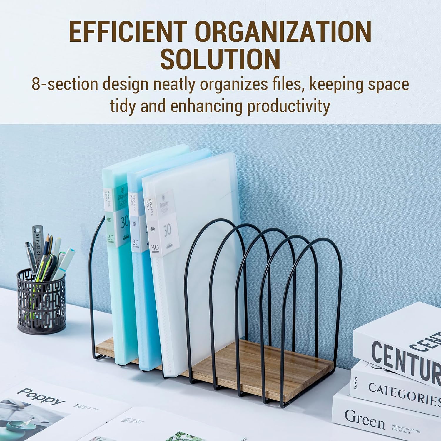 MyGift 14 Inch Large Desktop Document Holder, Premium Acacia Solid Wood and Black Metal Wire Arch 8 Section File Folder