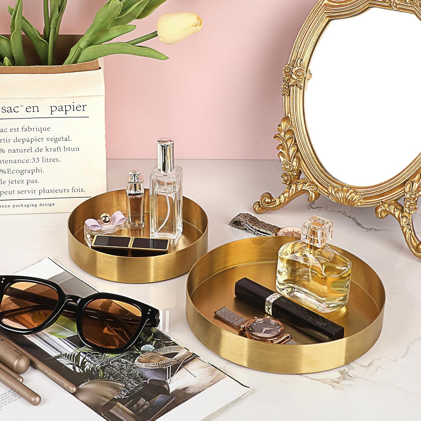 Round Key Bowl for Entryway 7.1" Decorative Tray Jewelry Ring Dish Stainless Steel / Gold / Set of 7