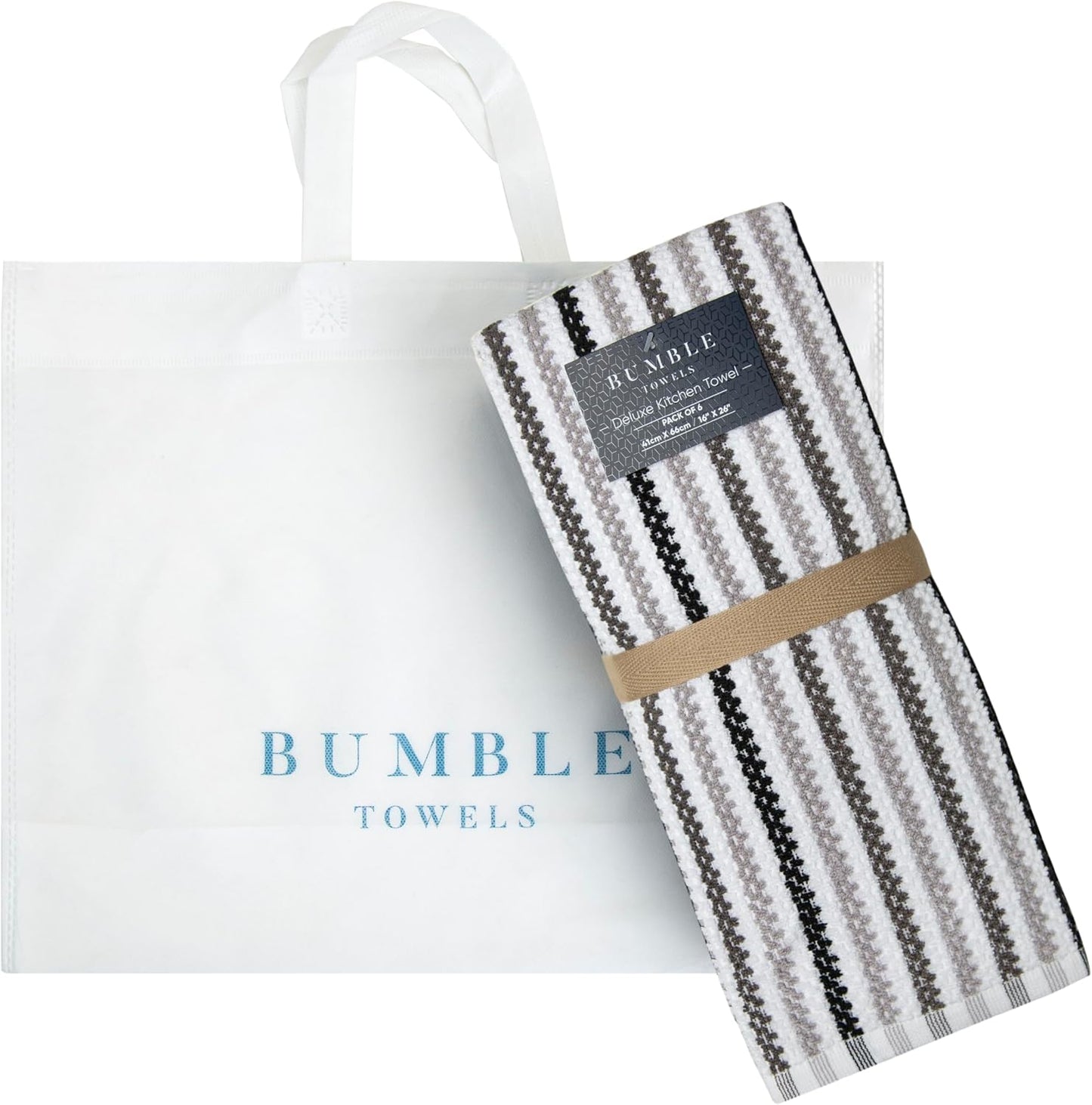 Bumble Kitchen Towels 6 Pack 100% Cotton 16"x26" - Black Wide Stripe | 430 GSM Soft Kitchen Hand Towels with Hanging