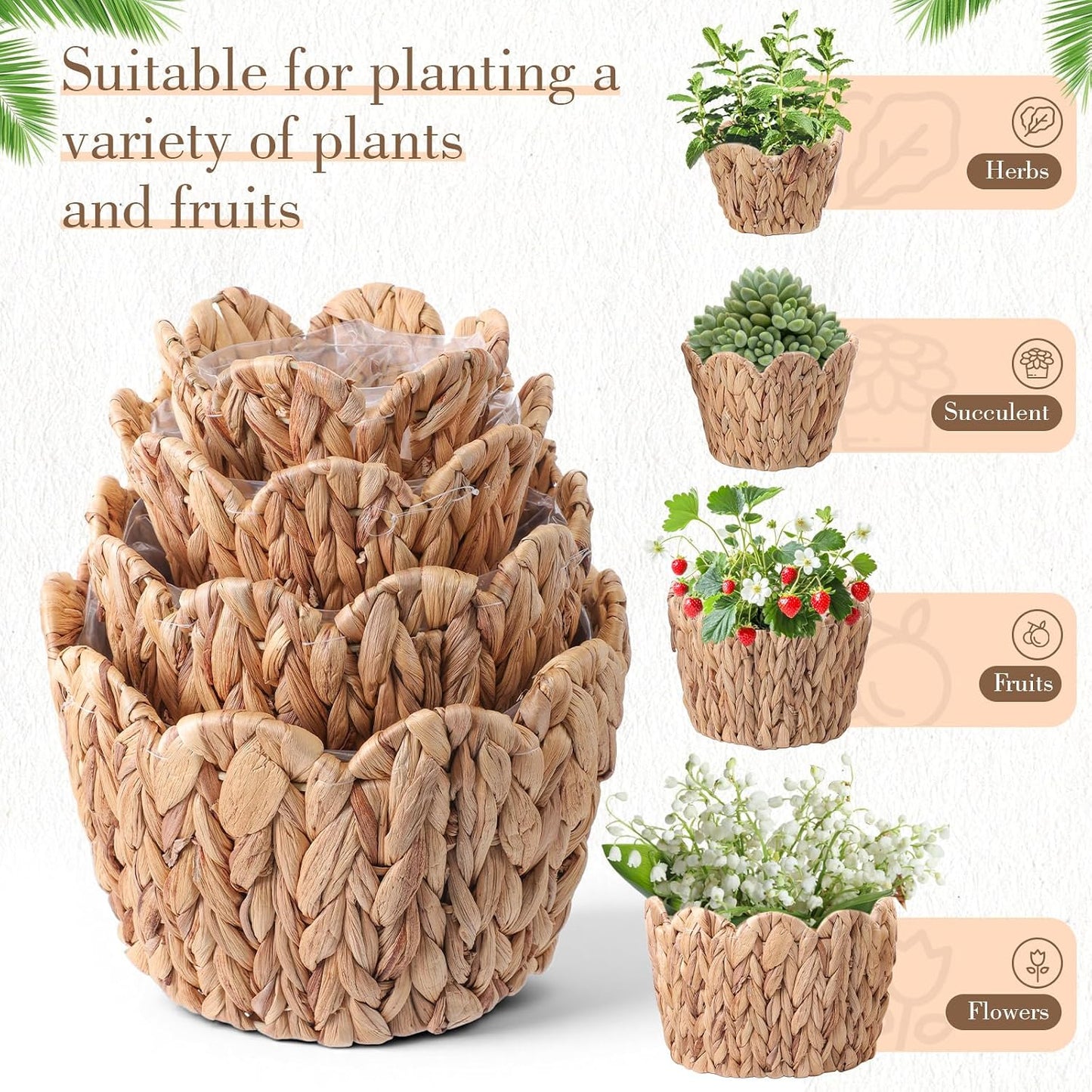 Scalloped Wicker Plant Basket Water Hyacinth Plant Baskets Hand Woven Flower / Untrim / Set of 4