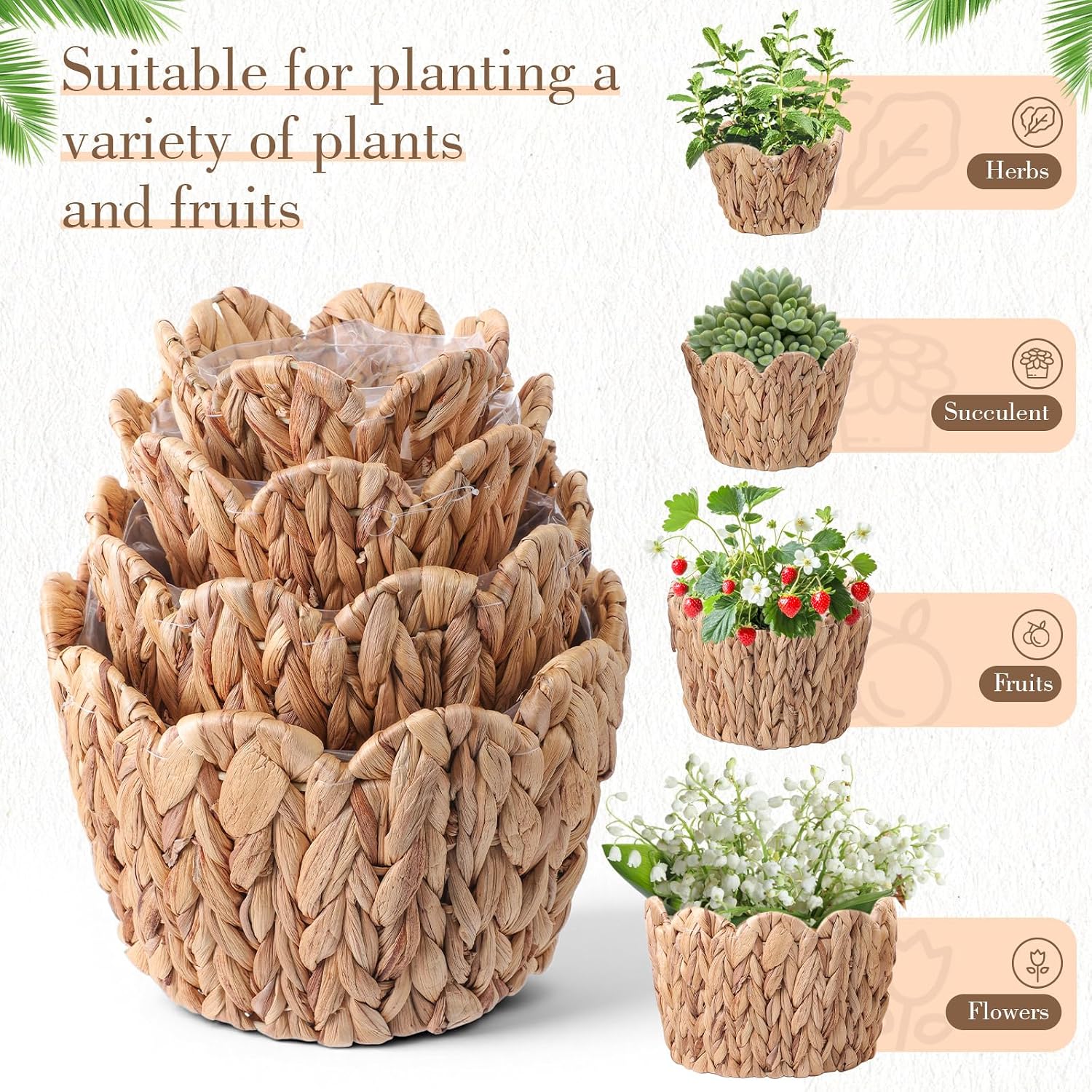 Scalloped Wicker Plant Basket Water Hyacinth Plant Baskets Hand Woven Flower / Untrim / Set of 4
