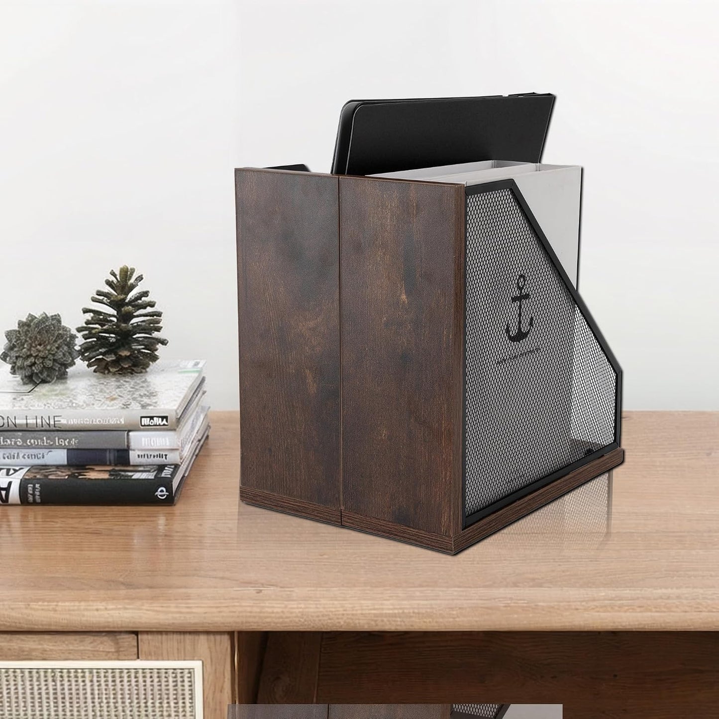 Antique Wooden Magazine Holder,Mesh File Holder for Desk, Office Desk Accessories Decorative File Box (2 Pack Black)