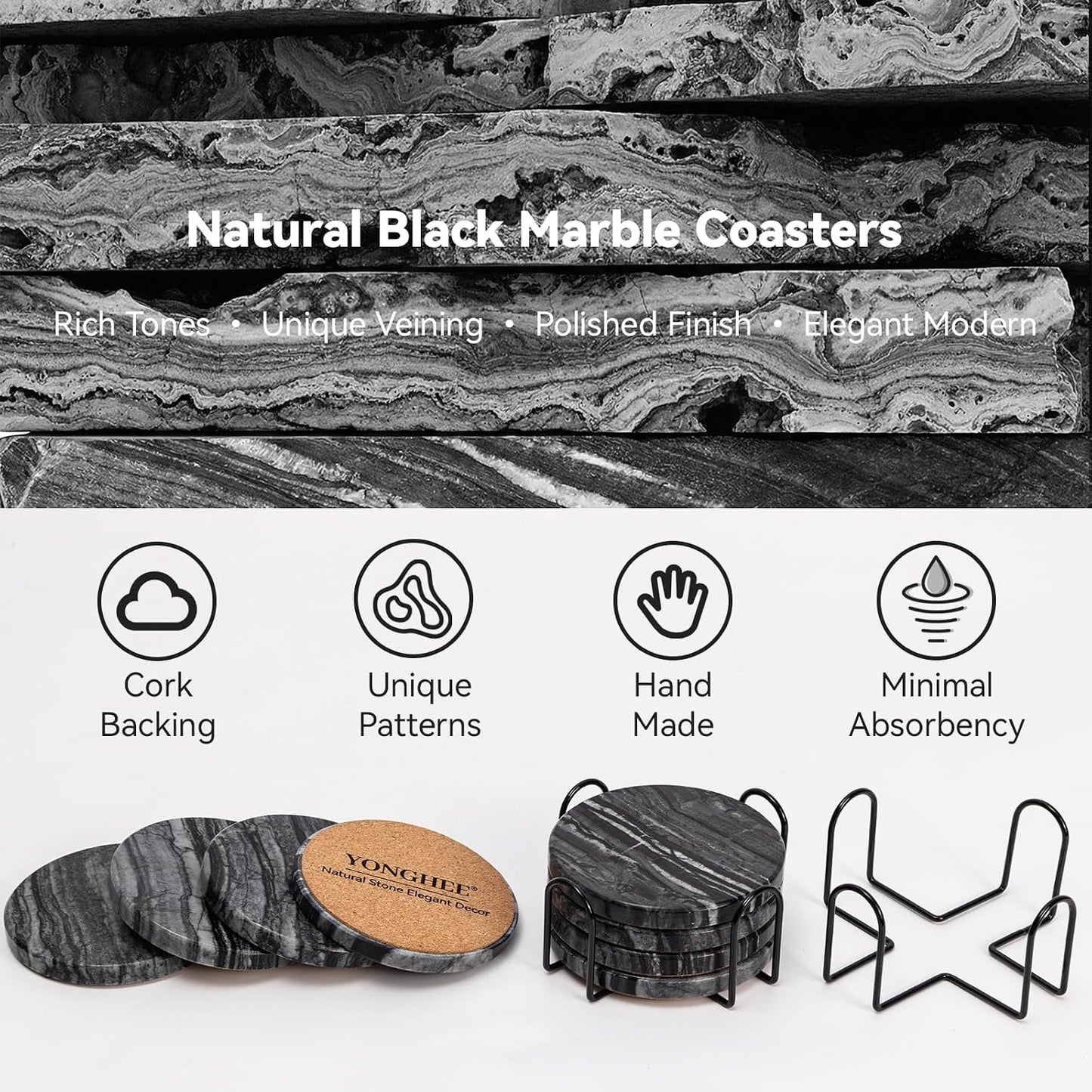 2 Holders / Black Marble Coasters / Natural Black / Set of 8