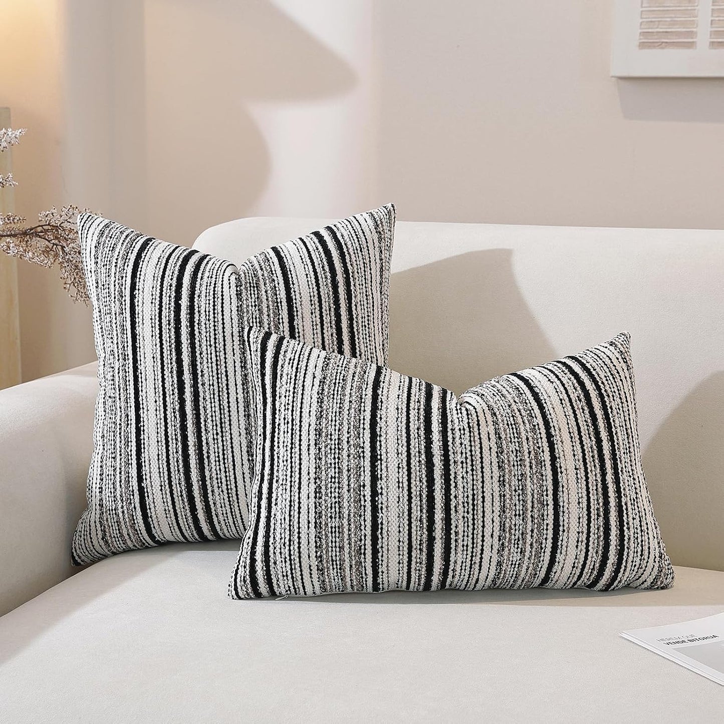 Chenille Throw Decorative Pillow Covers / Black Stripe / 18 x 18 / Set of 2