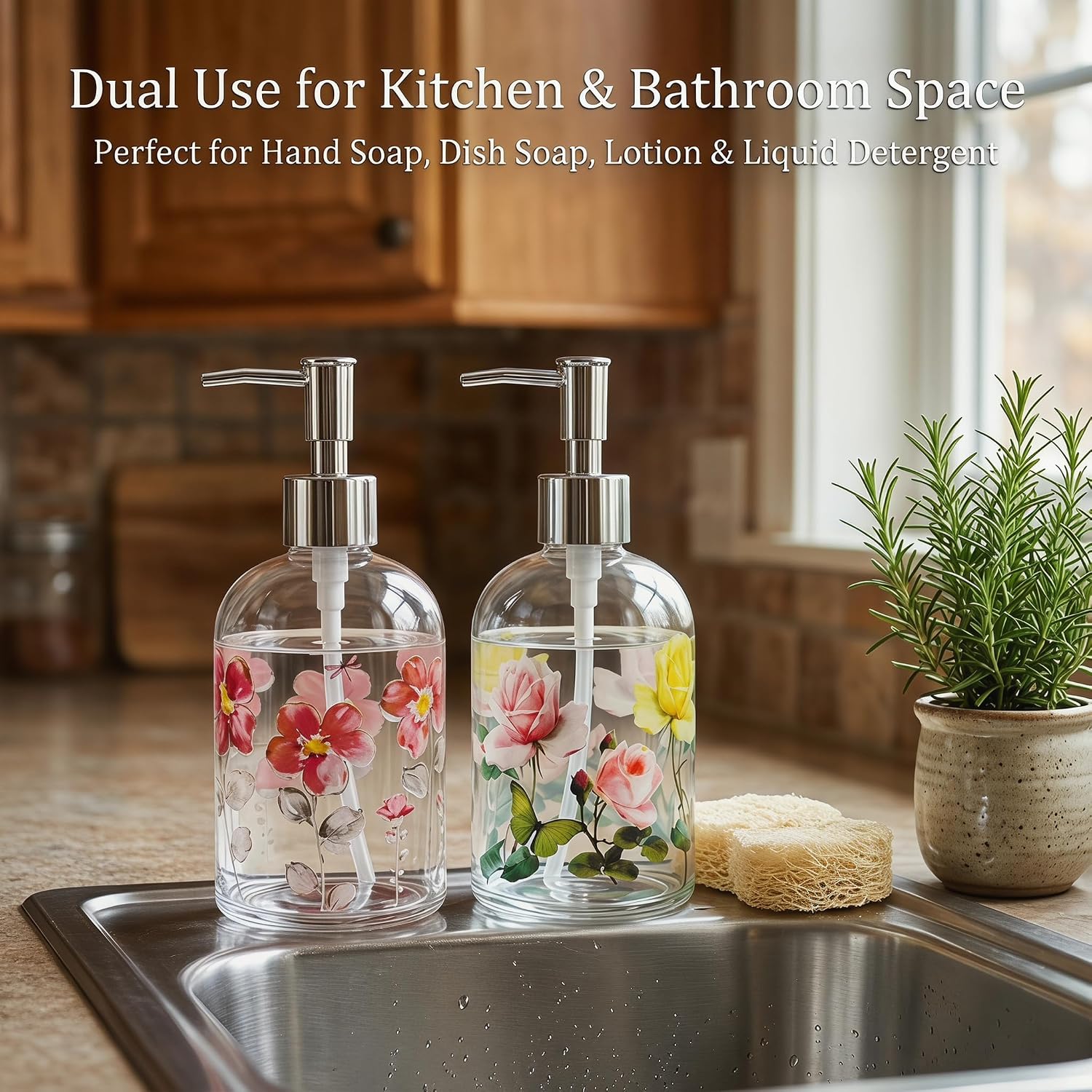Topadorn 2 Pack Hand and Dish Soap Dispenser Set, Coordinated Floral | 17oz Glass Soap Dispensers with Pump, Refillable