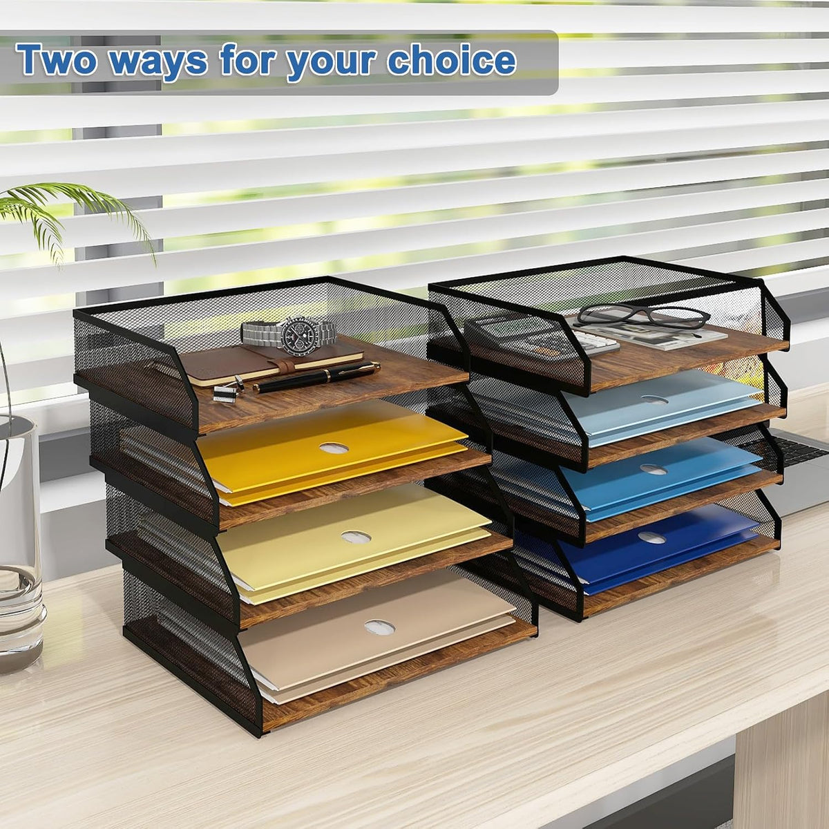Natwind 4-Tier Stackable Metal Mesh Paper Organizer with Sliding Tray,Retro | Wooden Desk Organizer, Letter Tray For