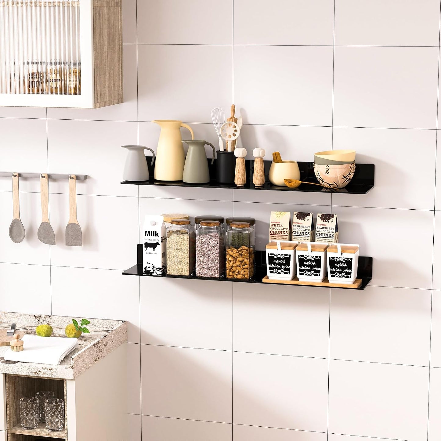 Sezanrpt 30 Inches Acrylic Long Wall Shelf Set of 2, Black Wall Mounted Acrylic Bathroom Storage Shelves Display