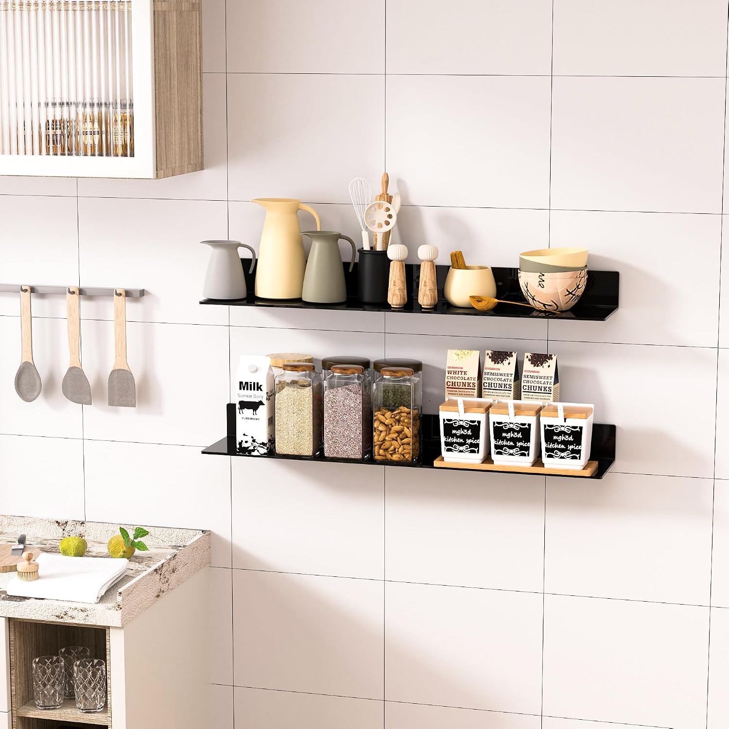 Sezanrpt 30 Inches Acrylic Long Wall Shelf Set of 2, Black Wall Mounted Acrylic Bathroom Storage Shelves Display