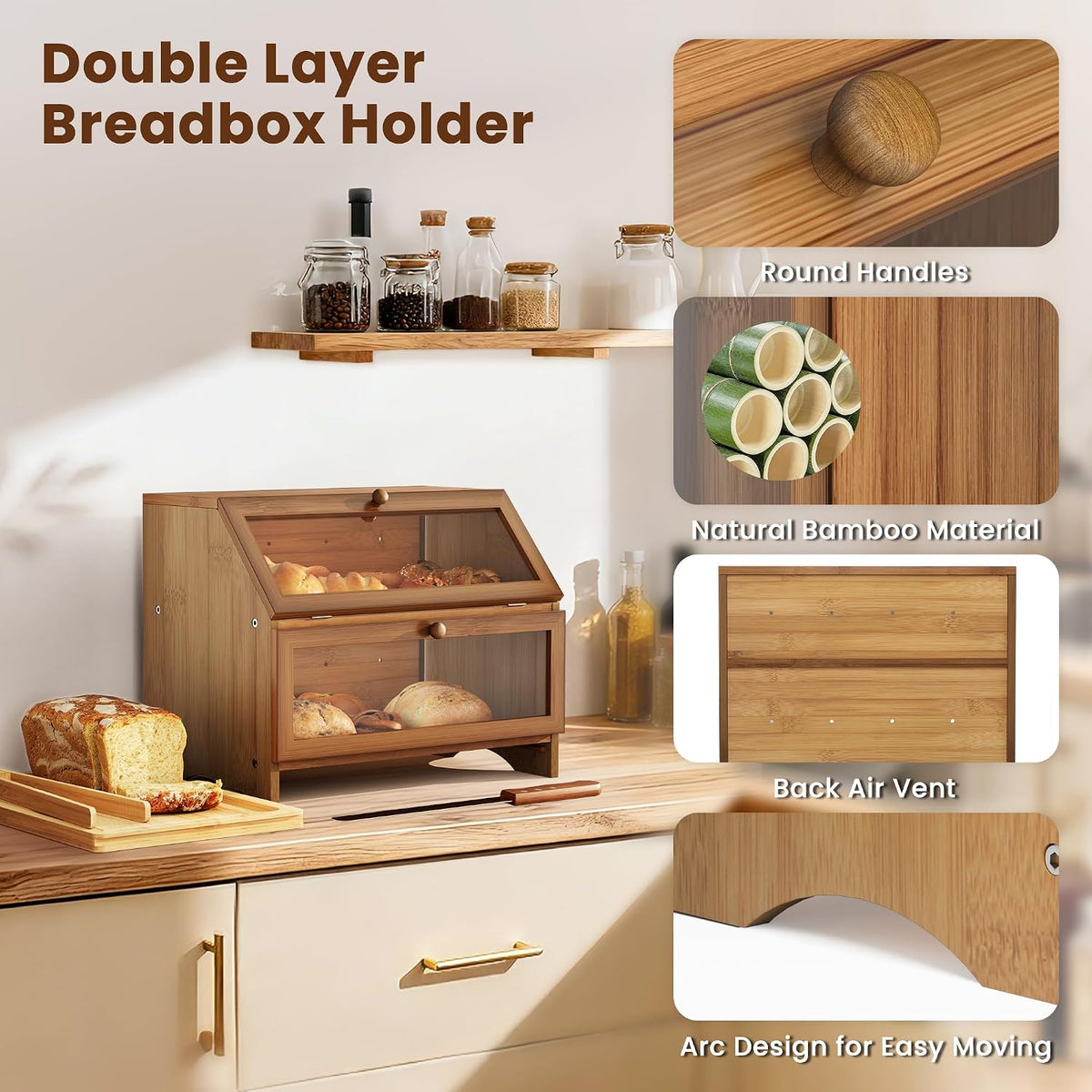 MAISONPEX Double Layer Bamboo Bread Box for Kitchen Countertop, Large Capacity, Cutting Board, Stainless Steel Bread