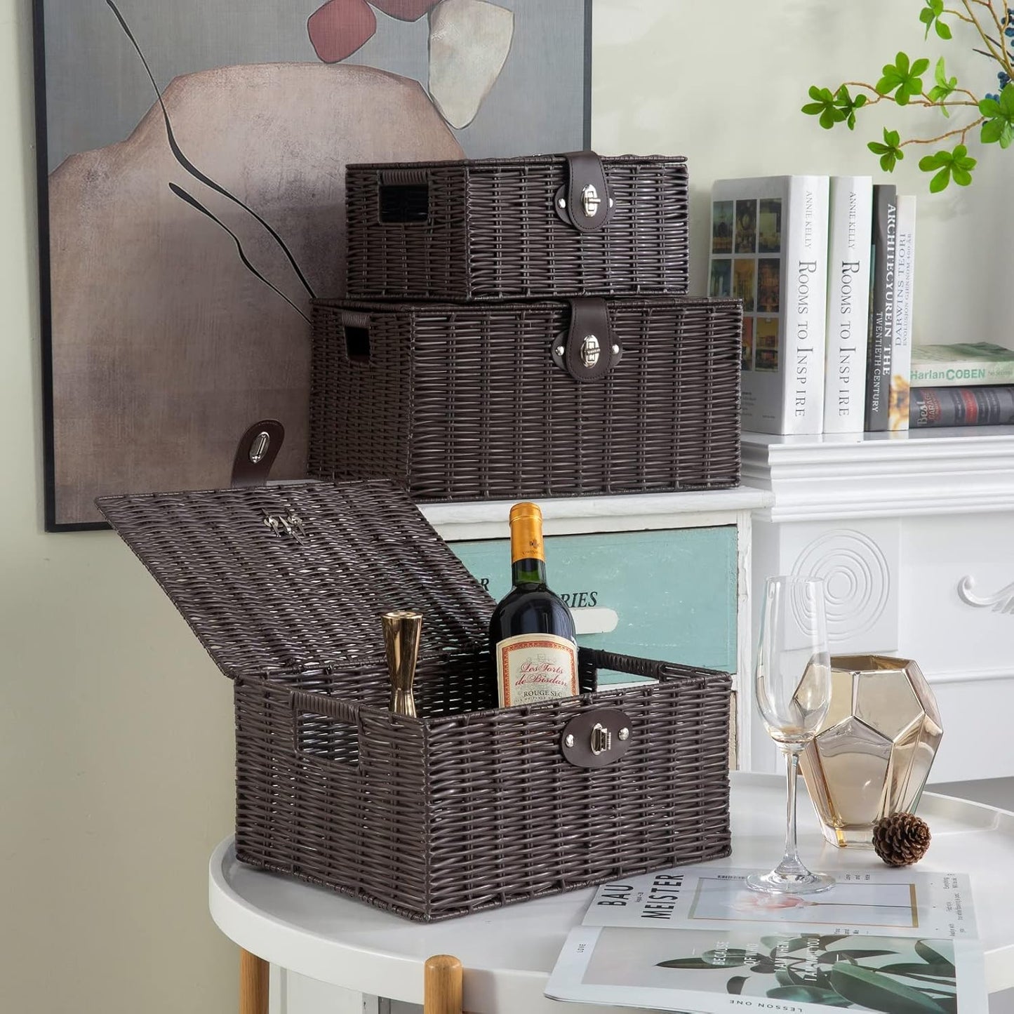 Woven Wicker Storage Basket Box / Brown / Set of 3