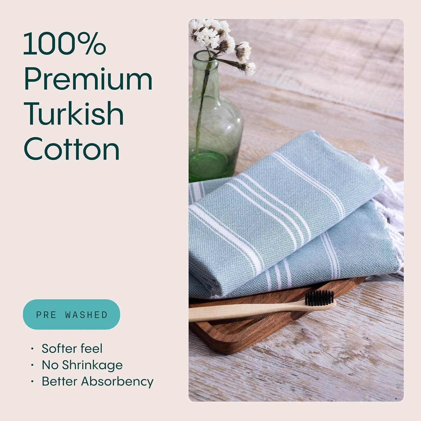 Turkish Hand Towels with Hanging Loop, Set of 2 (20" x 30") 100% Turkish Cotton, Pre-Washed, Quick Drying, for Kitchen