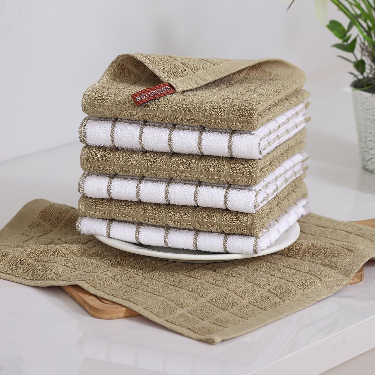 Homaxy Premium Cotton Kitchen Dish Cloths 12"x 12", 12 Pack, Tan | Natural Ring Spun 390 GSM Dish Rags, Super Absorbent