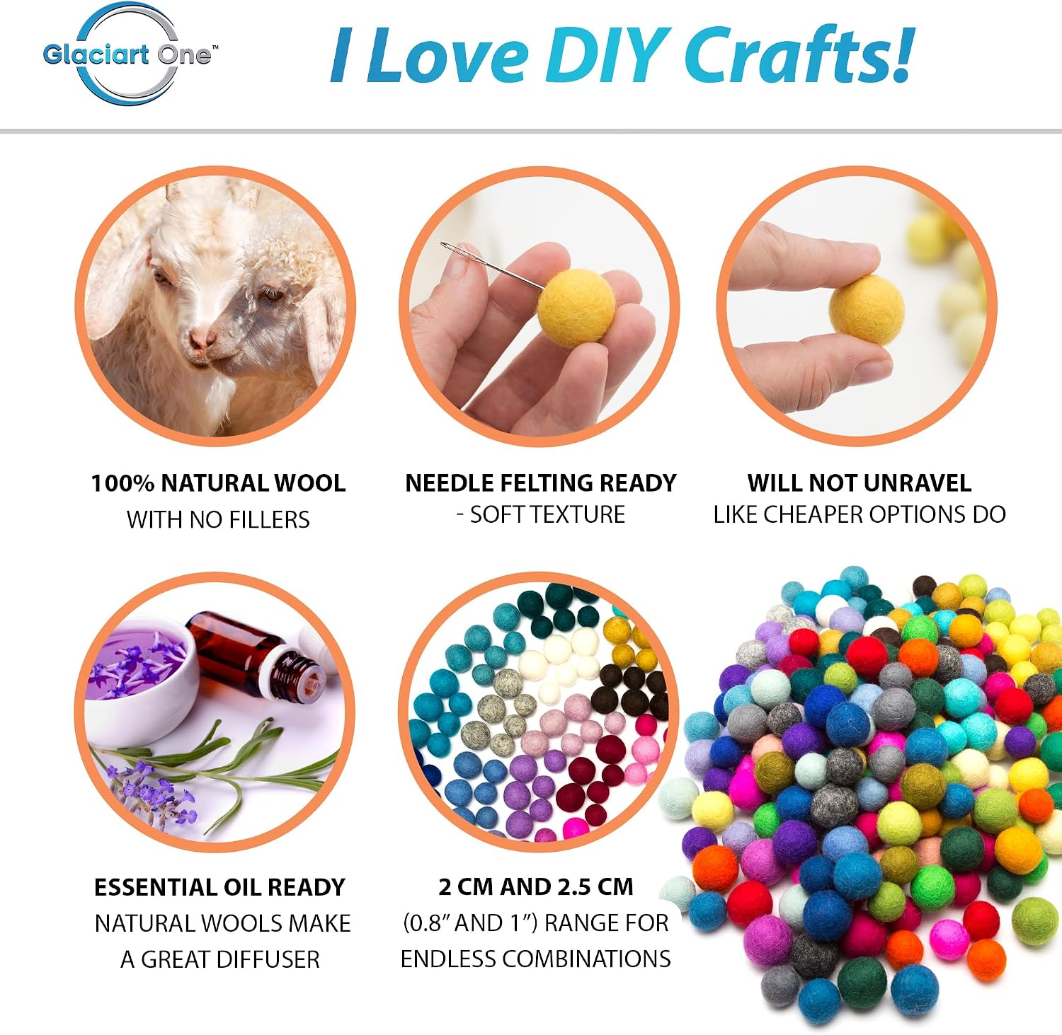 Glaciart One Felt Pom Pom, Felt Balls for Crafts (240 pcs) | 40 Rainbow Colors & 2 Sizes from 0.8 to 1 Inch | Perfect