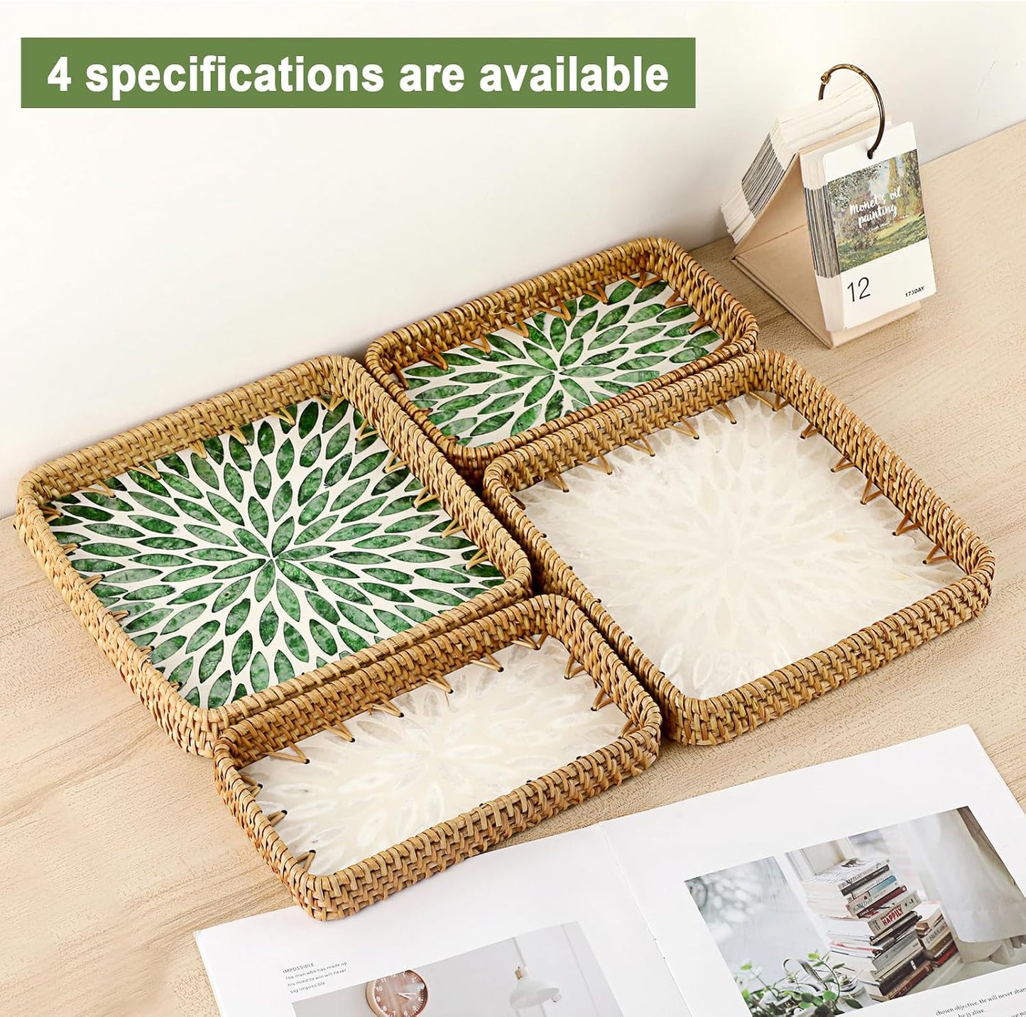 Decorative Key Basket for Entryway Small Handwoven Rattan Tray Rectangular / 8.3 x 4.3 x 1.6 / White