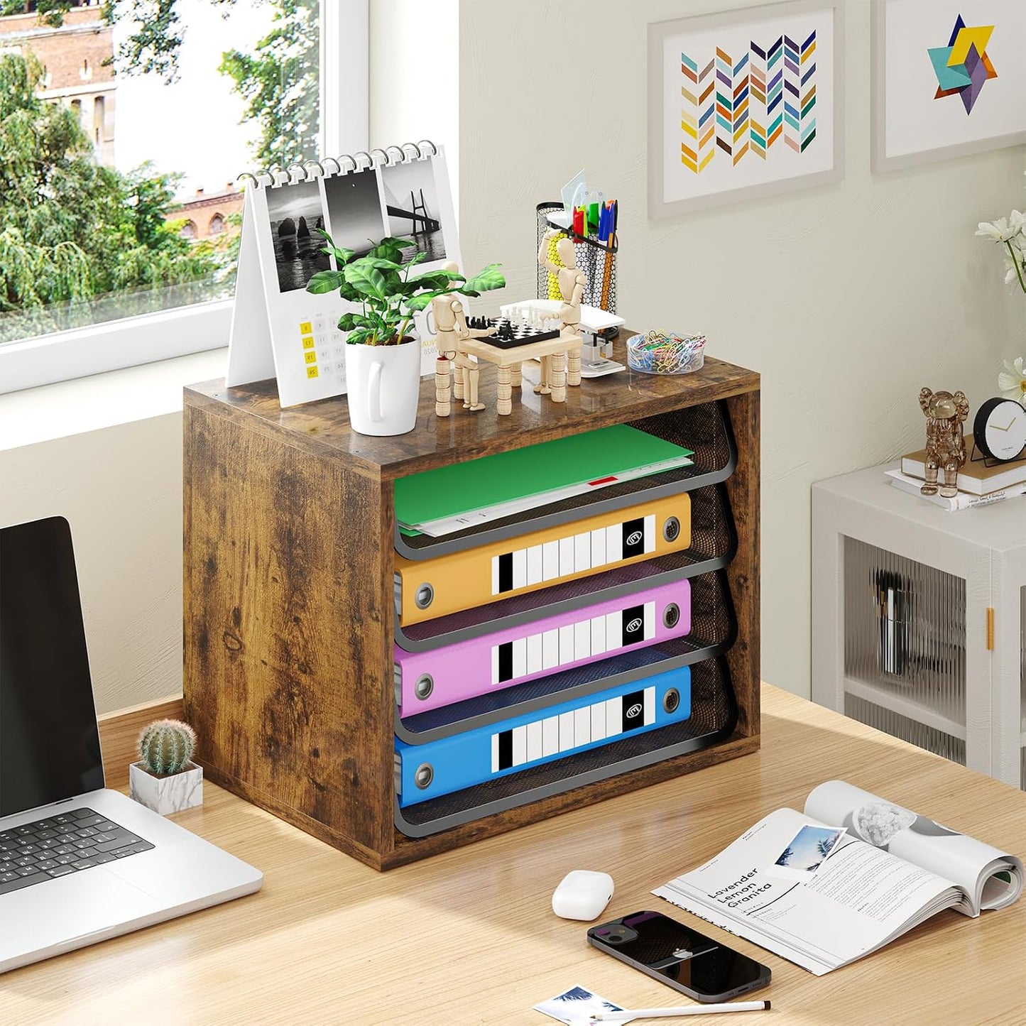 Simple Trending 4-Tier Desk File Organizer, Paper Organizer, Rustic Brown | Adjustable Letter Trays, Wood Desktop File