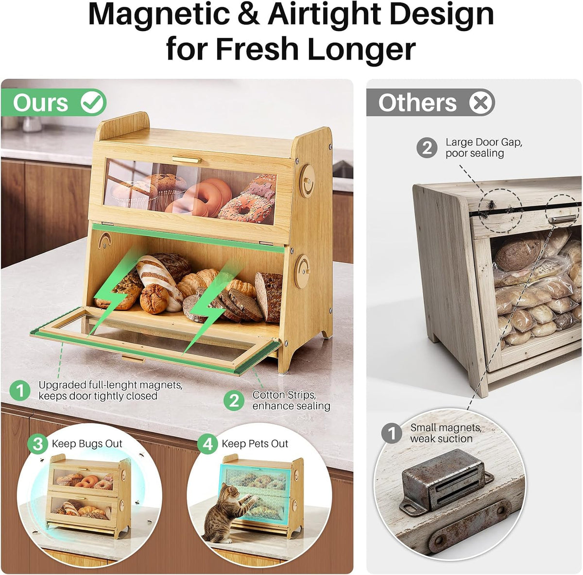 SNTD Bread Box for Kitchen Countertop, Adjustable Ventilation, Natural | Bamboo Cutting Board, Airtight Design