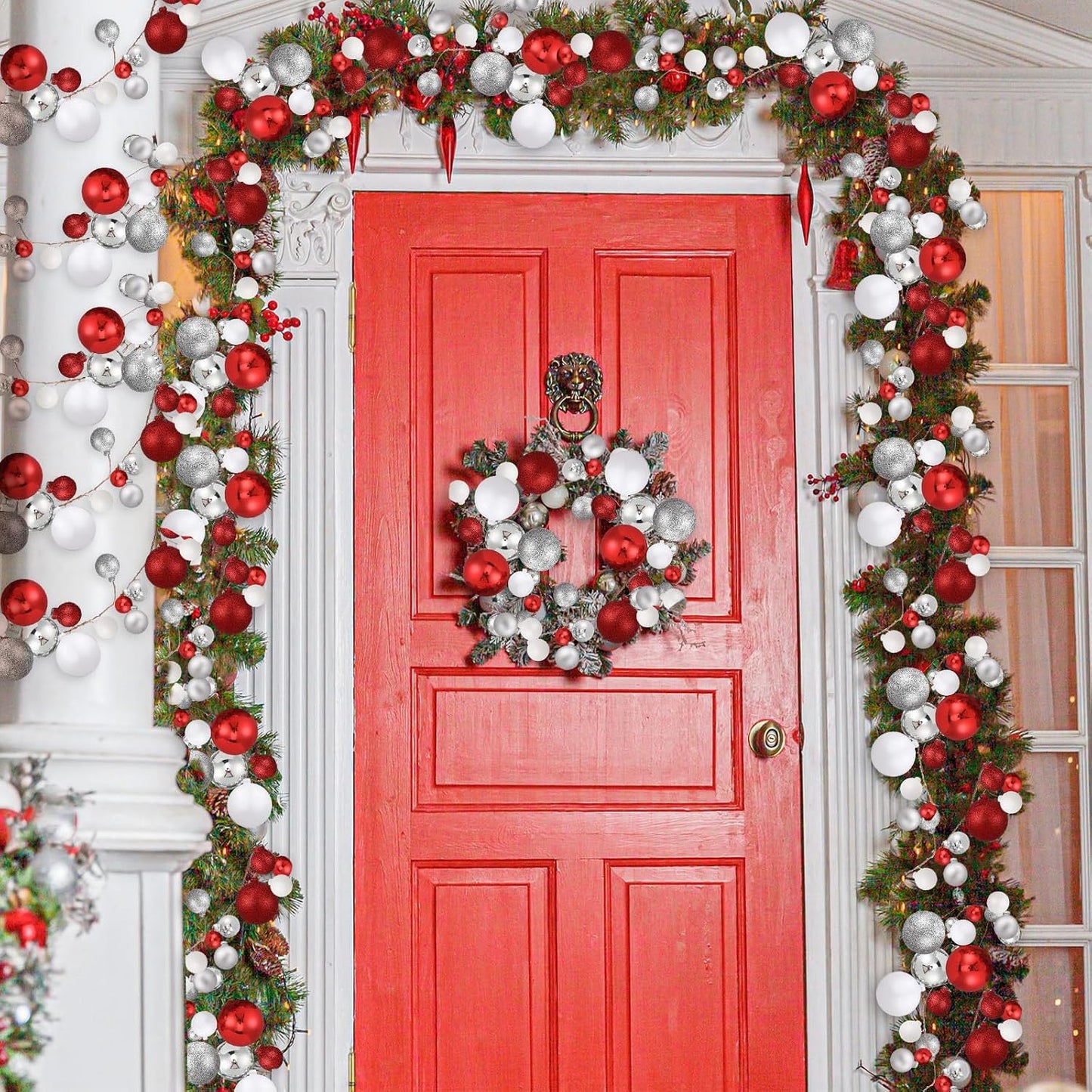2 Pcs 6 ft Christmas Ball Ornament Garland, Red, White, Silver | Bauble Bulb Christmas Tree Ball Decoration