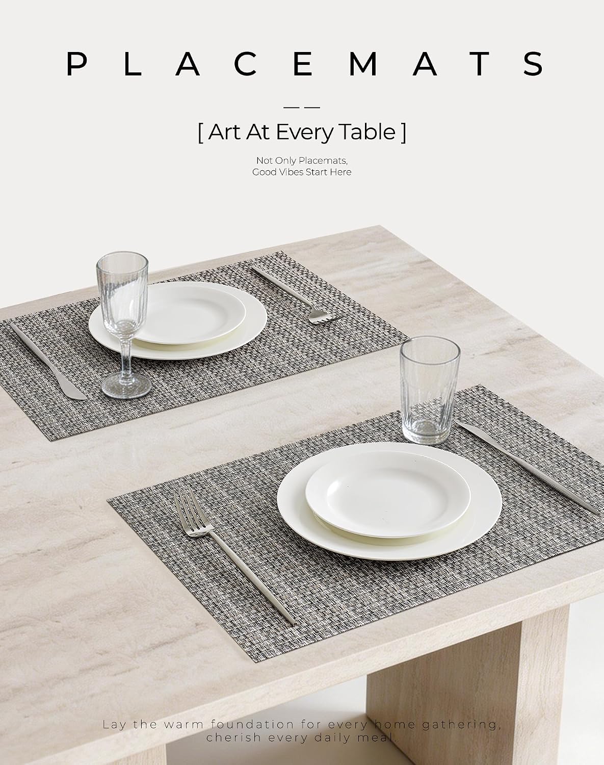 Leetaltree Woven Vinyl Placemats Set of 8, Beige Gray | High Density, Basketweave Woven, Stain Resistant, Easy to