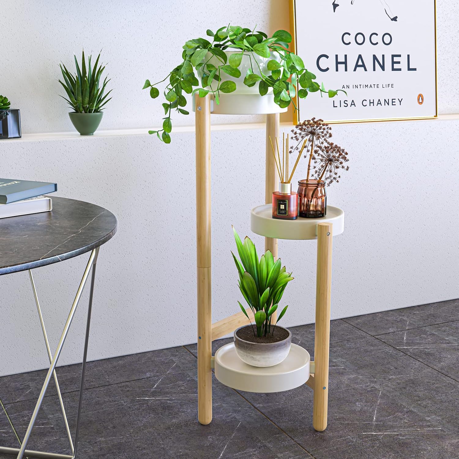 3 Tier Plant Stand Indoor, Tall Bamboo Corner Shelf for Multiple Plants | Narrow 3-Tier Display, Easy-Clean