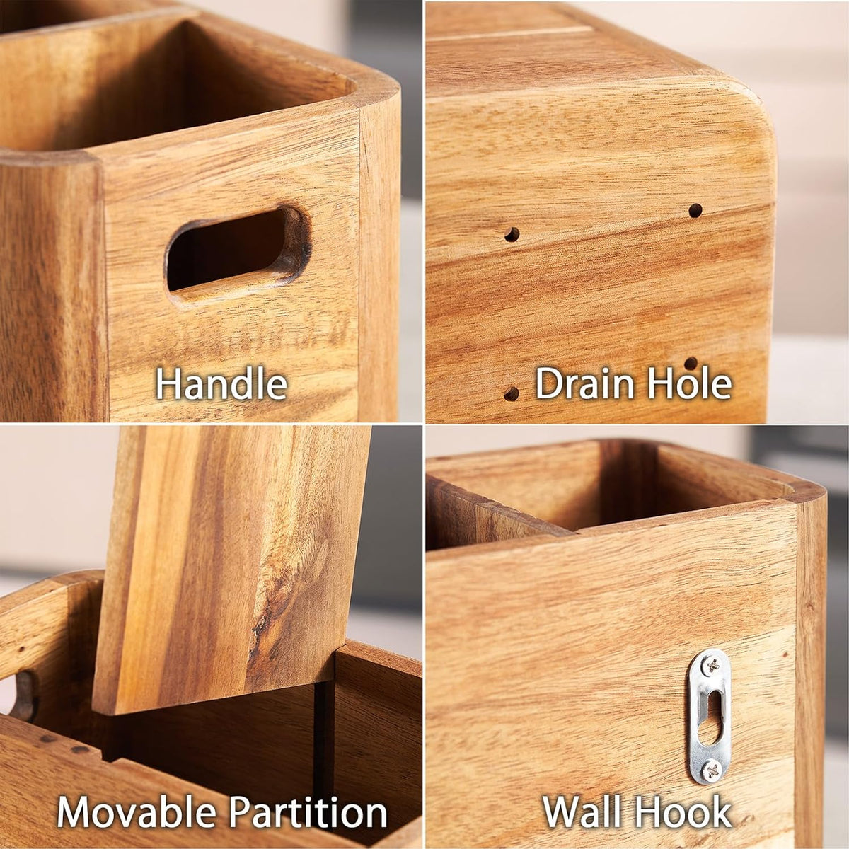 16" Wooden Kitchen Utensil Holder, Extra Large Acacia Wood Organizer for Cooking Tools, Utensils & Cutlery Storage –