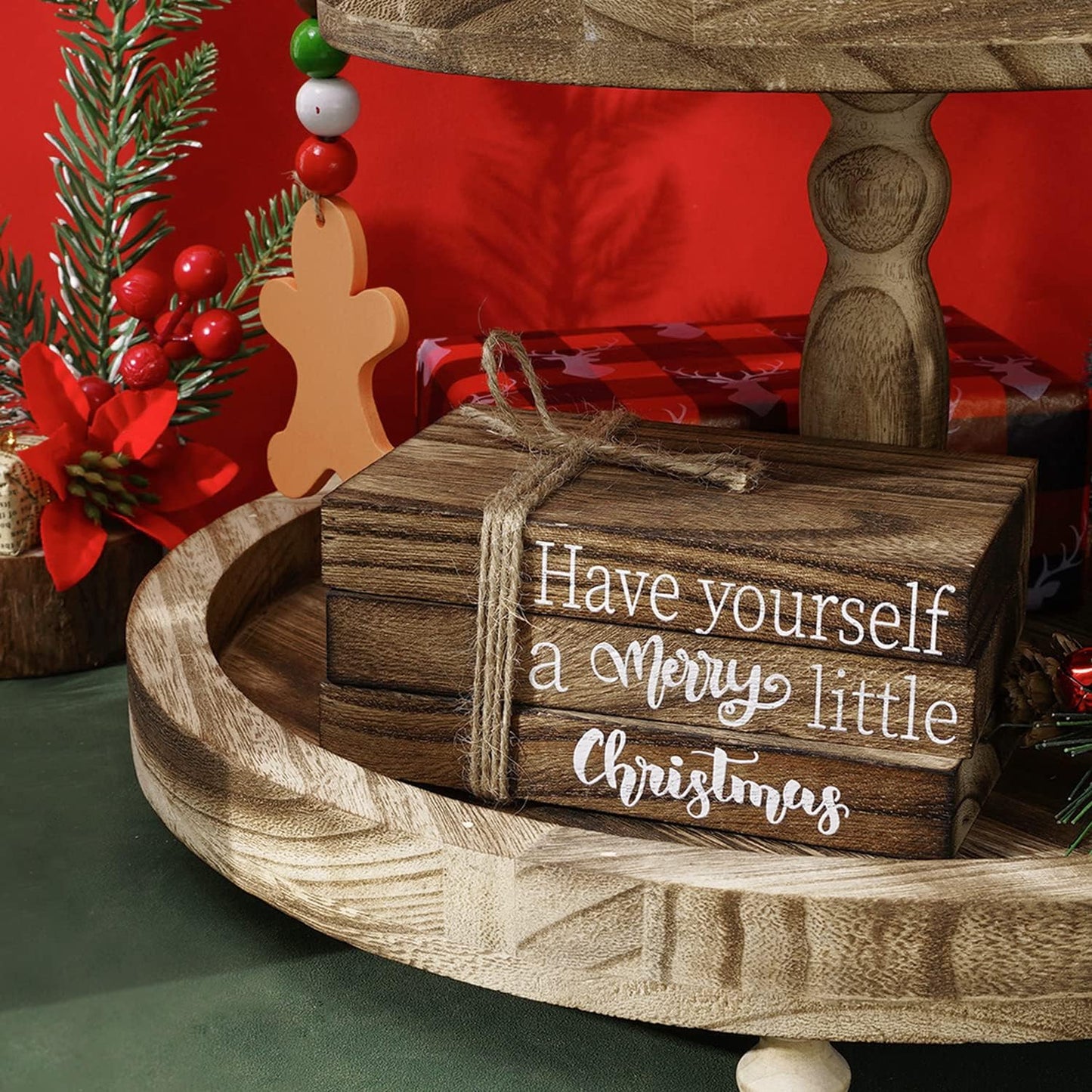 Christmas Wooden Tiered Tray Decor Merry Christmas Faux Decorative Stacked Books Bundle Wooden Block