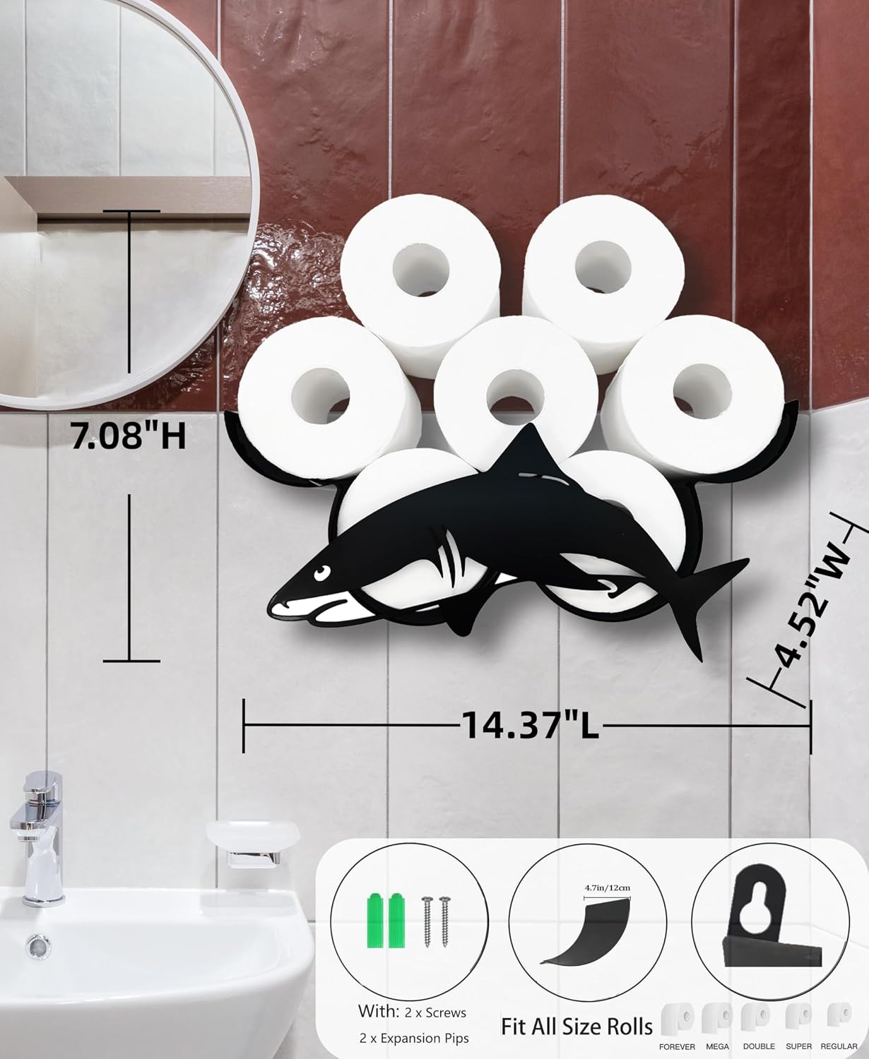 Shark Toilet Paper Holder - Wall-Mounted Bathroom Storage Decor, Holds 8 Rolls - Decorative and Space-Saving Design