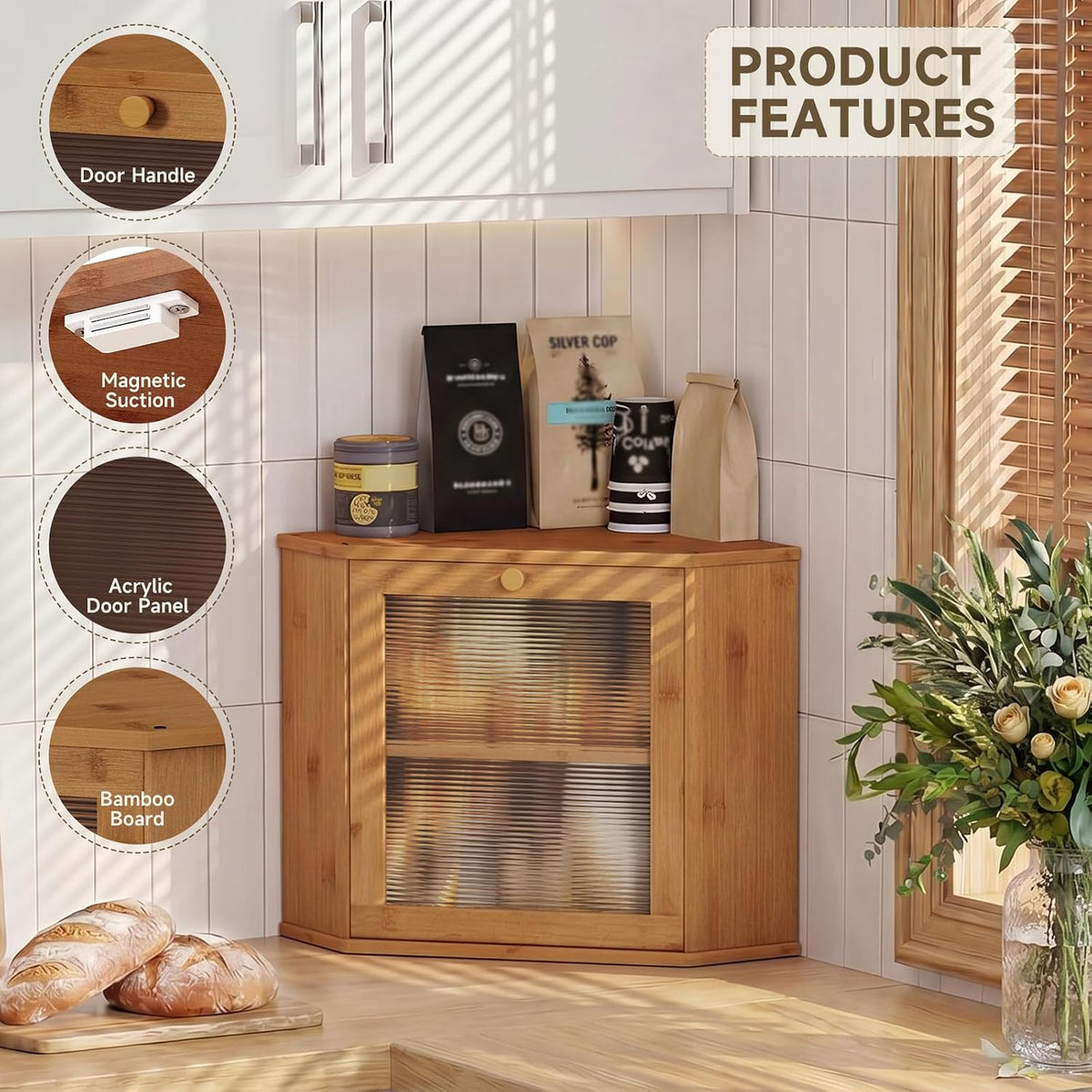 Bread Box for Kitchen Corner Countertop,Large Bread Basket (Brown, Large) | Double Layer Bamboo Bread Storage Container