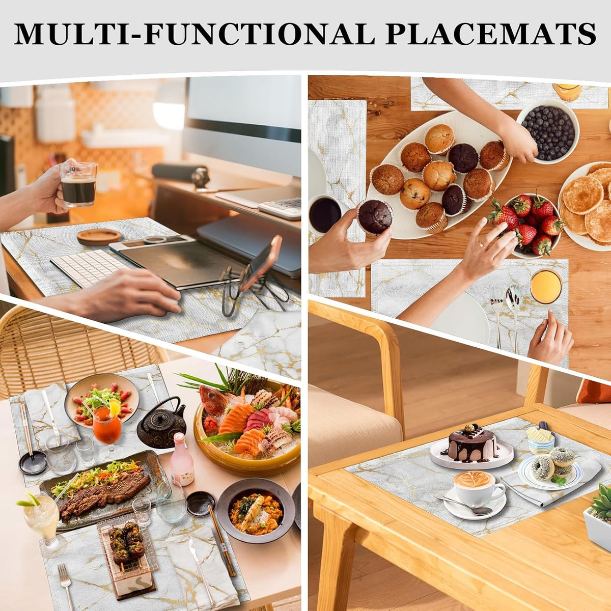 Mcalk 4 Each White Marble Placemats and Cloth Napkins Set of 8, Modern Art Placemat, Marble Print Cloth Napkin for Home