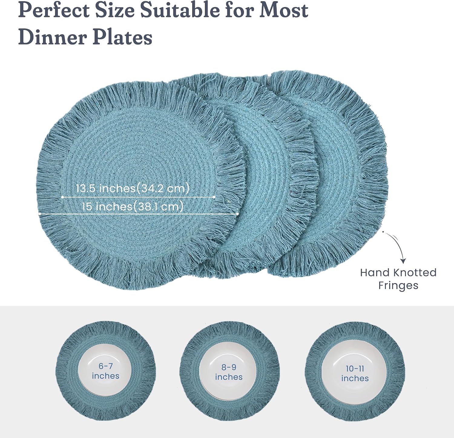 Fine Living Co. 15 Inch Round Placemats Set of 4 with 4-Free Coasters, Washable Heat Resistant Non-Slip Braided Cotton