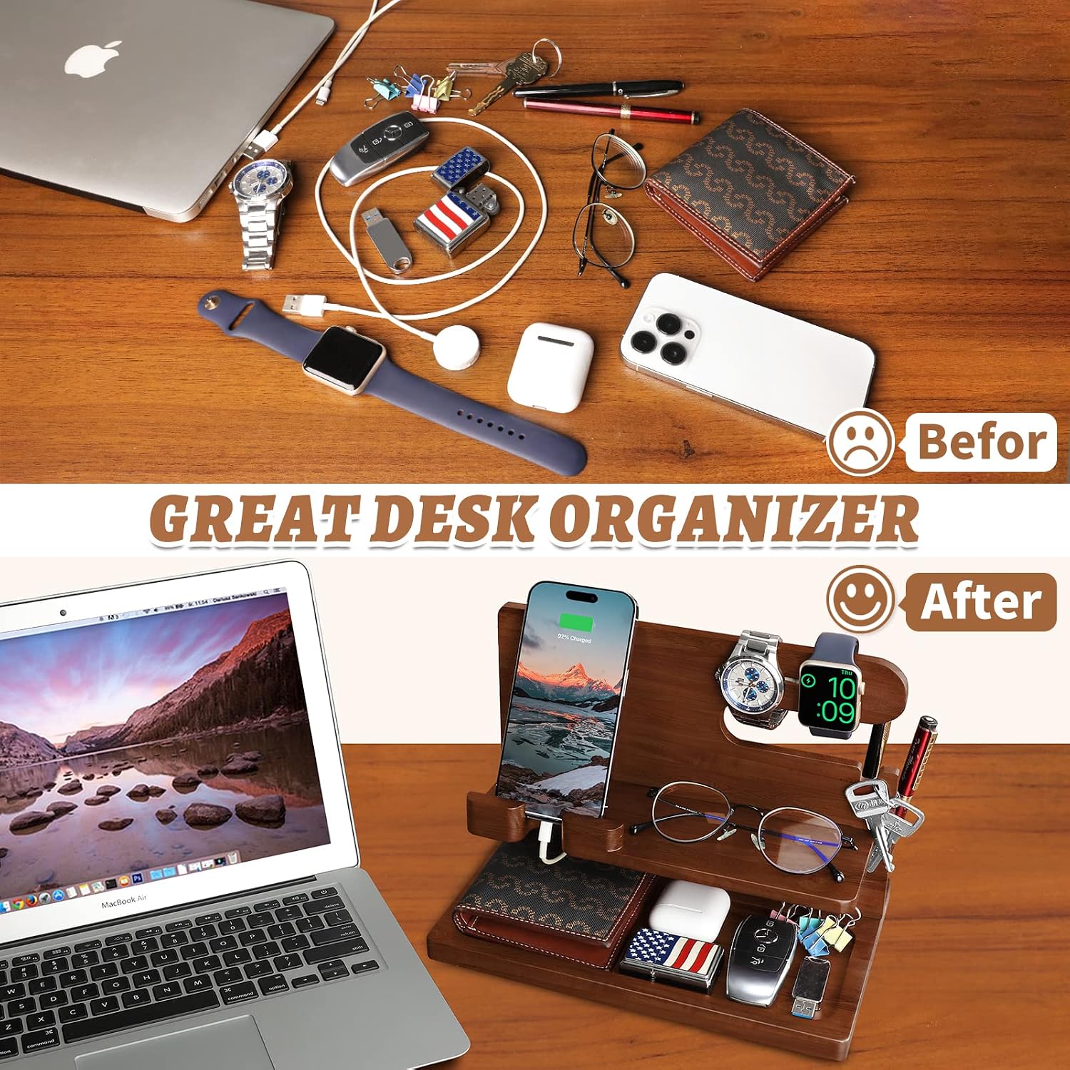 Wood Phone Docking Station - Nightstand Charging Organizer and Cell Phone Stand - Bedside Gift for Men