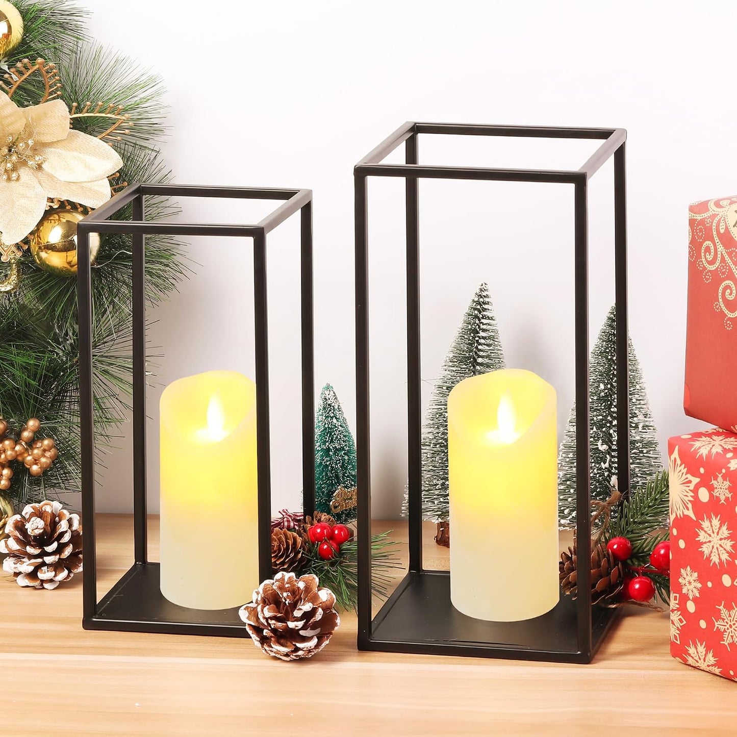 Eufrozy Lanterns Decorative Indoor Set of 2 Black Metal Lantern Candle Holder, Modern Farmhouse Lantern Decor for