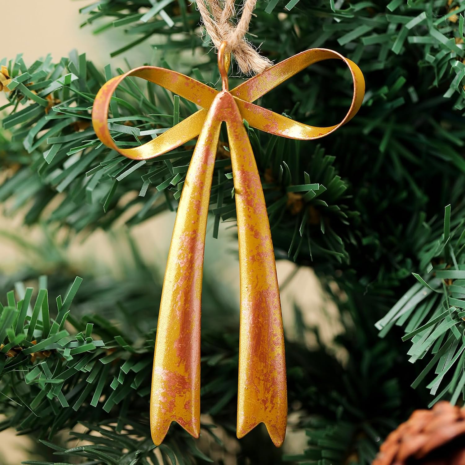 Brass Bow Metal Christmas Ornaments Vintage Rust Bow Hanging / Gold / 3.5 x 2.8 / Set of 12