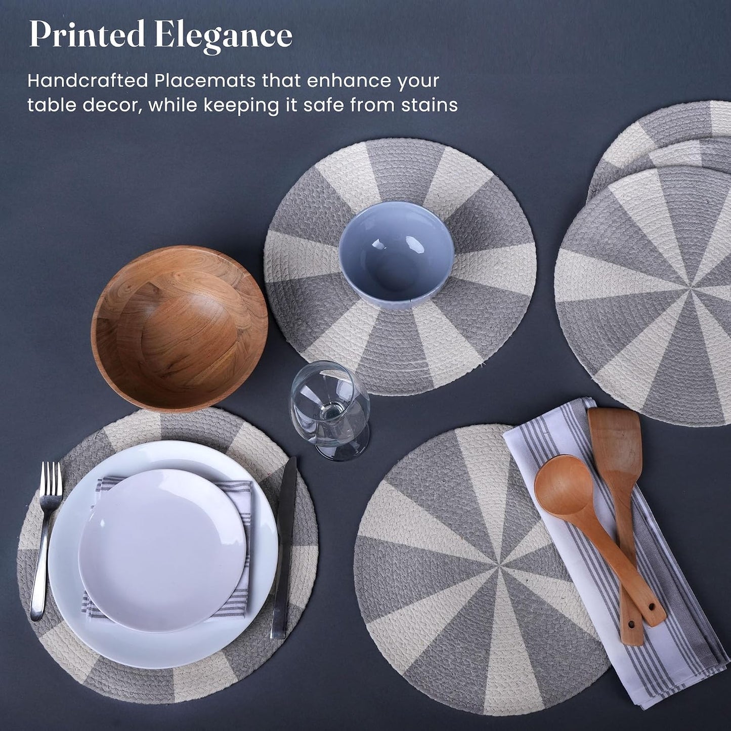 The Fine Living Braided Cotton Placemats, Round Table Mats, Set of 6,13.5" | Washable Anti-Slip Heat Resistant Braided