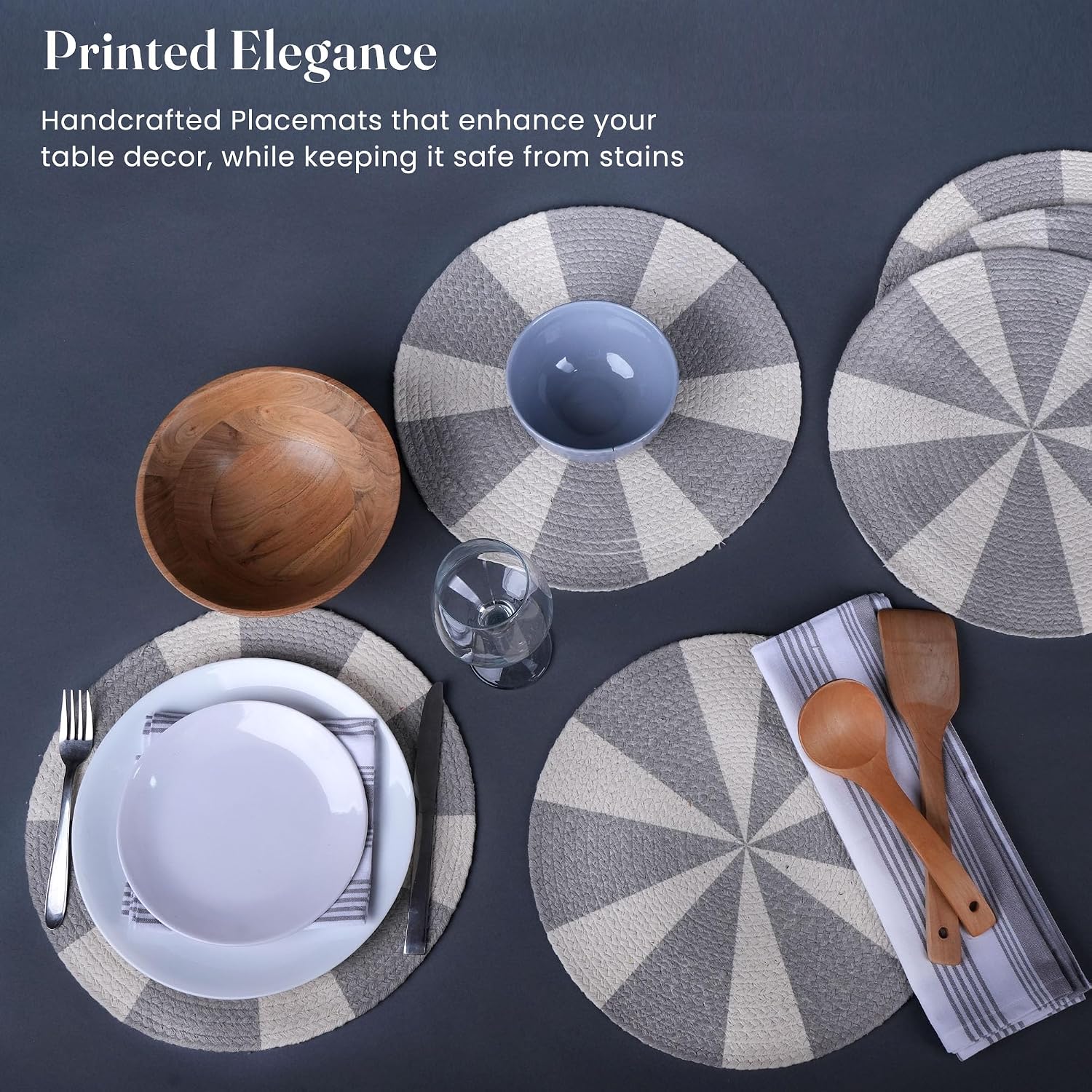 The Fine Living Braided Cotton Placemats, Round Table Mats, Set of 6,13.5" | Washable Anti-Slip Heat Resistant Braided