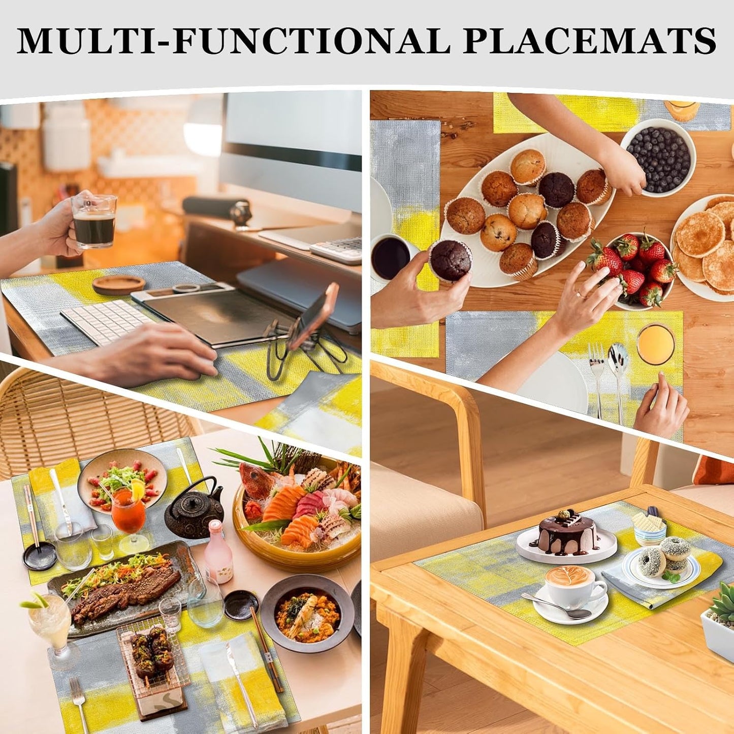 MCALK 4 Each Yellow Placemats and Cloth Napkins Set of 8, Modern Abstract Art Painted Placemat for Home Kitchen Decor