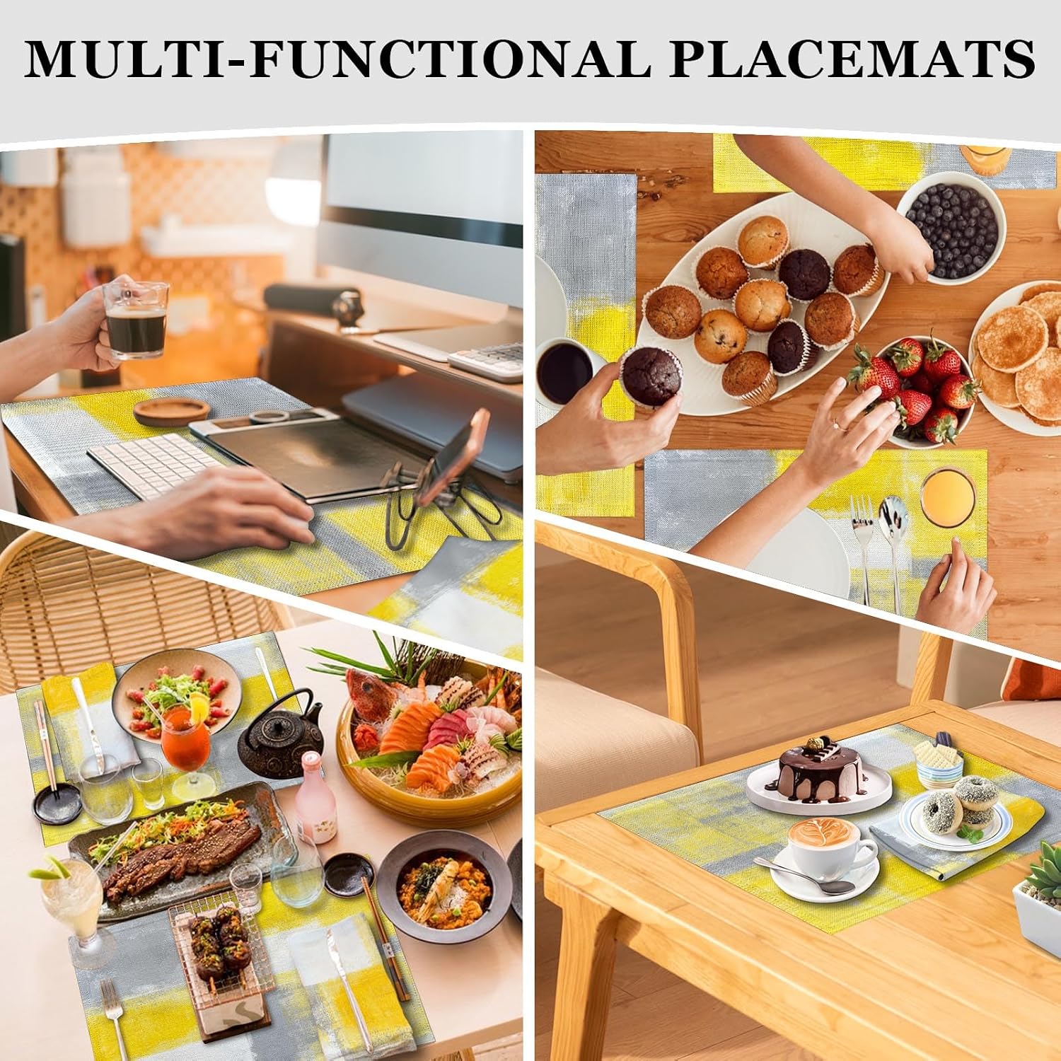 MCALK 4 Each Yellow Placemats and Cloth Napkins Set of 8, Modern Abstract Art Painted Placemat for Home Kitchen Decor