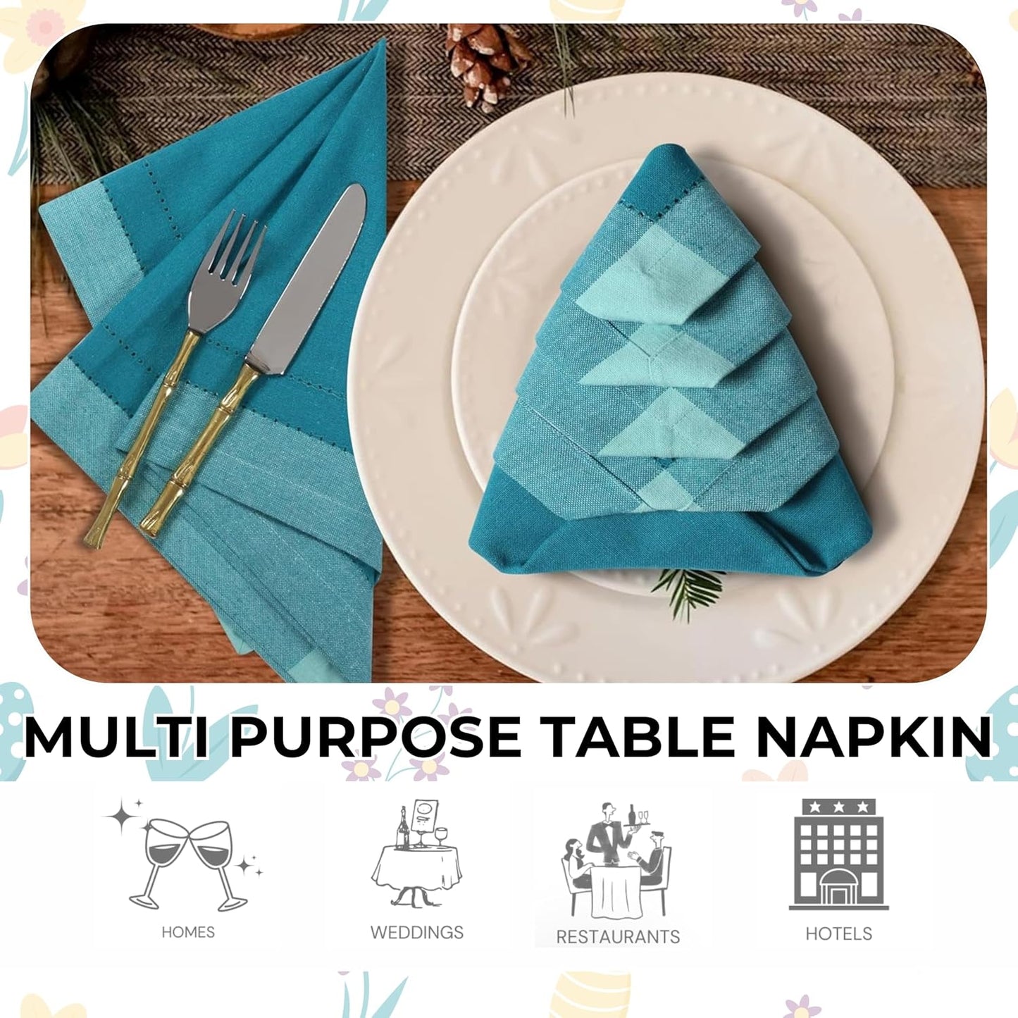 Bedding Craft Cotton Cloth Dinner Napkins Set of 12 – 20x20 Teal Multi Double Hemstitched – Machine Washable Reusable