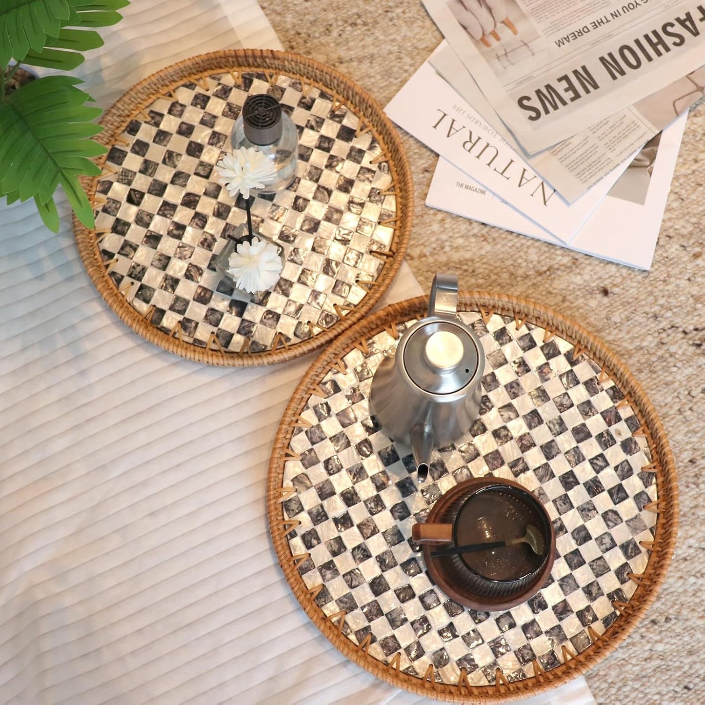 Round Rattan Mother of Pearl Inlay Serving Tray / Checkerboard / 11.8 Inch / Set of 2