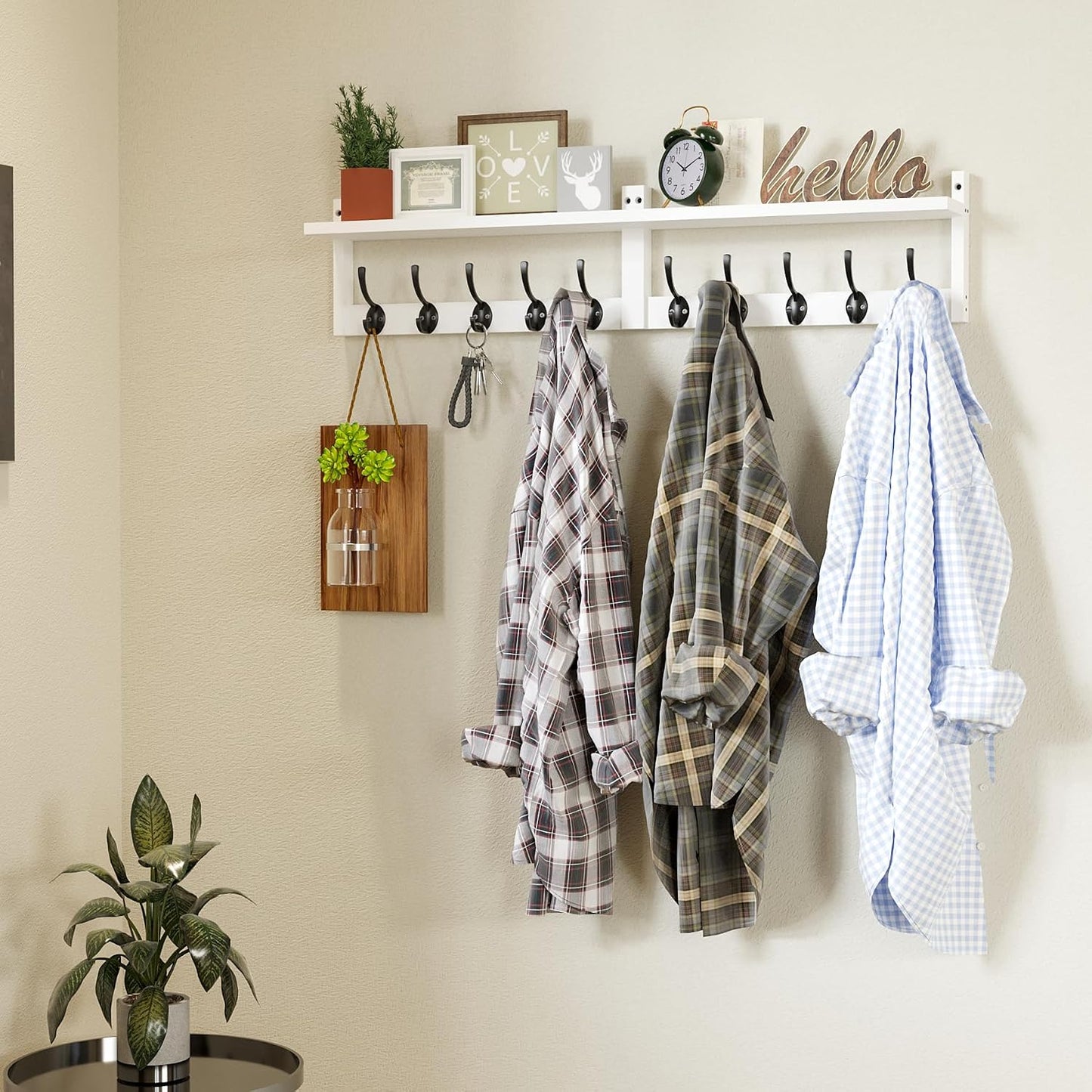 AMBIRD 34.2" L Wooden Wall Coat Hooks with Shelf - Versatile and Decorative Wall-Mounted Storage - 10 Hooks for Hanging