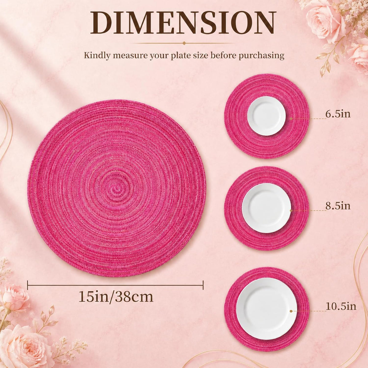 TaroKitc 15 in Round Placemats Set of 8, Washable Woven Placemats Heat Resistant Cotton Polyester Braided Table Mat