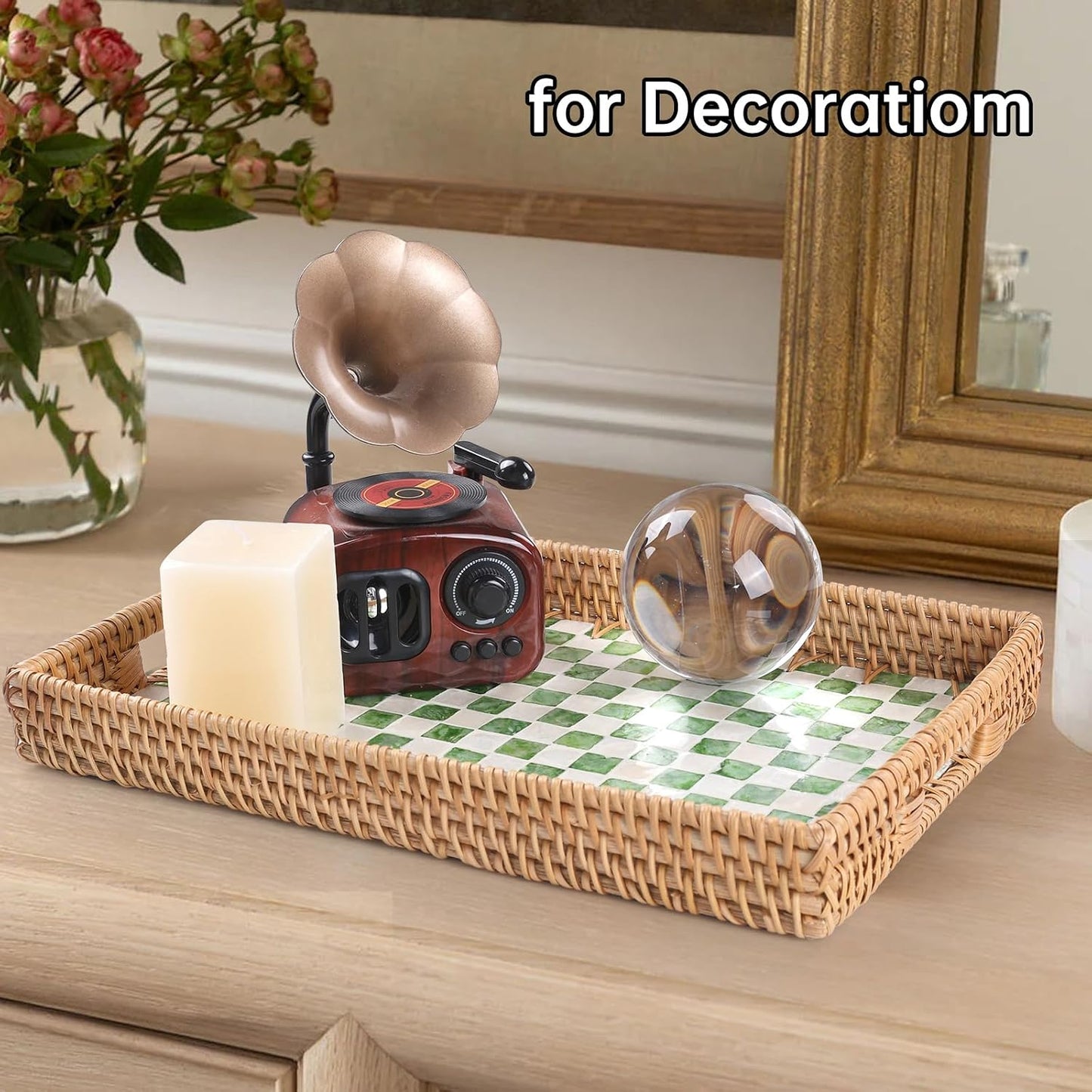 Rattan Serving Tray / Green Checkerboard