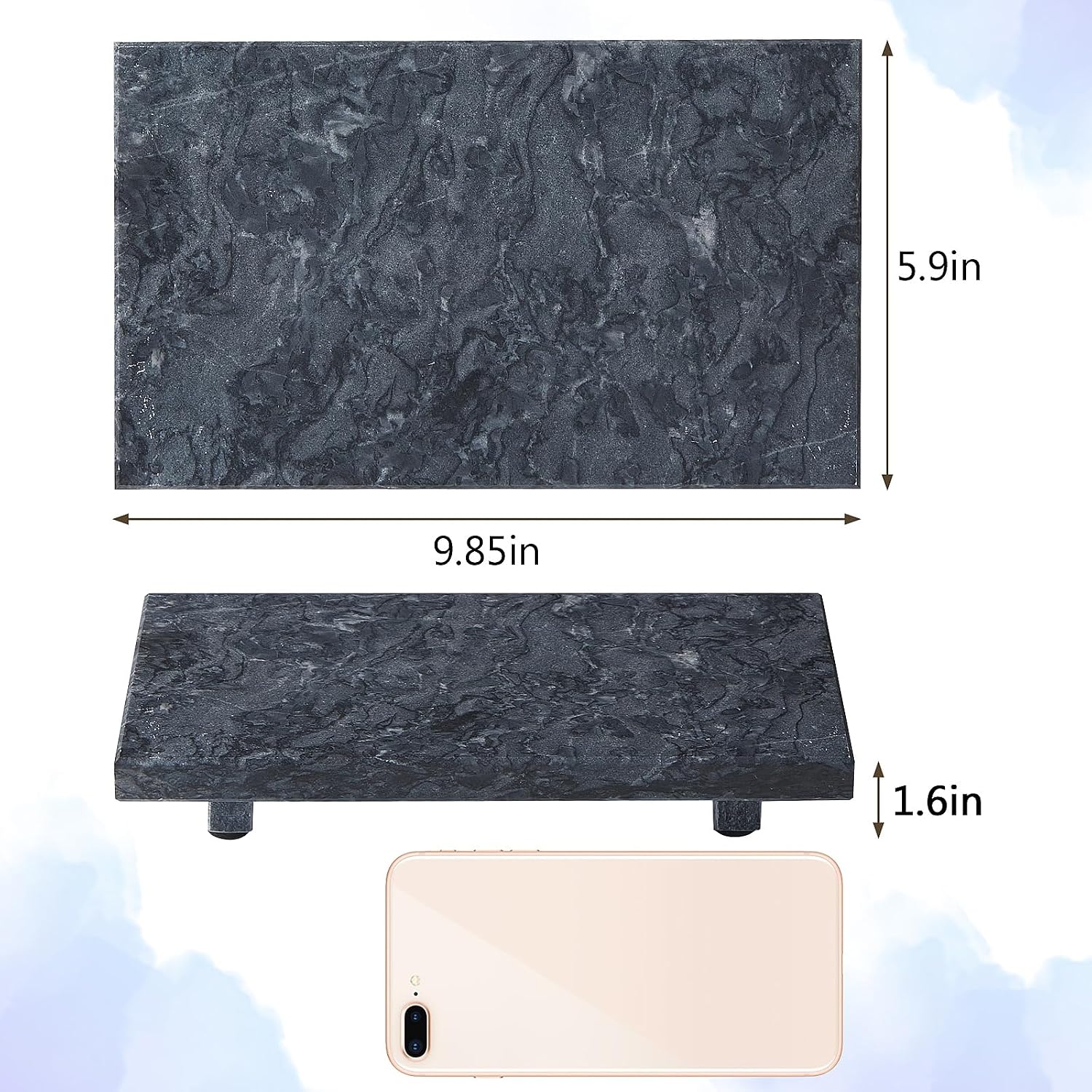 Vanity Organizer / Natural Marble Tray Pedestal Stand / Black / 9.8 x 5.9 x 1.6