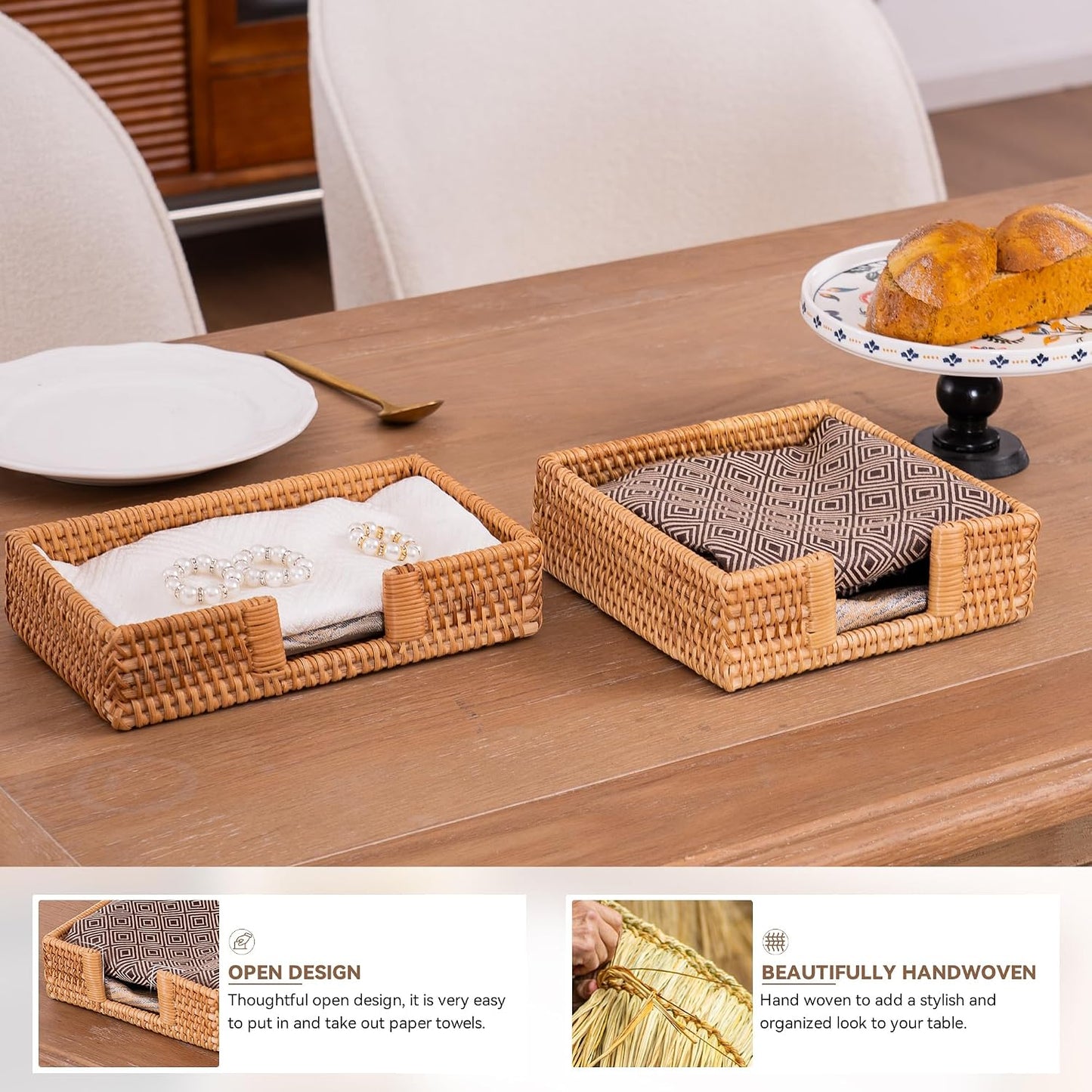 Napkin Holder Boho Style Decorative Handwoven Tissue Dispenser / Rattan / Square / Natural