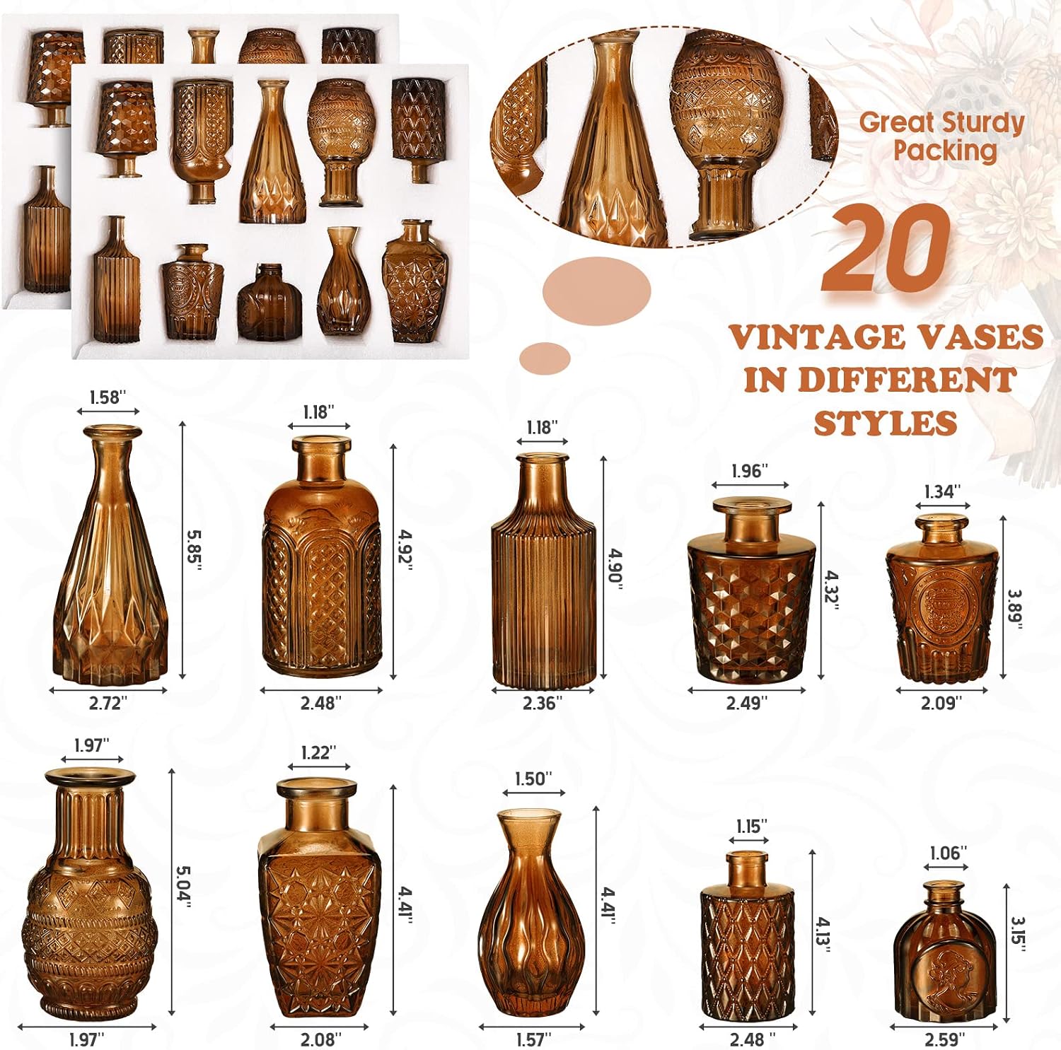 Glass Bud Vase Set / Dark Amber / Set of 20