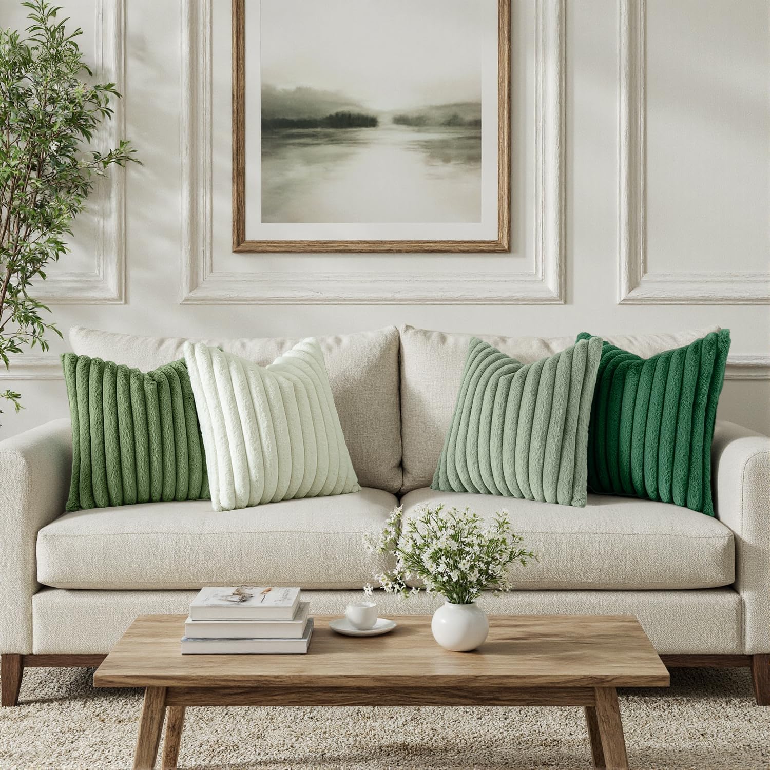 Faux Fur Plush Decorative Throw Pillow Covers / 18 x 18 / Green / Set of 4