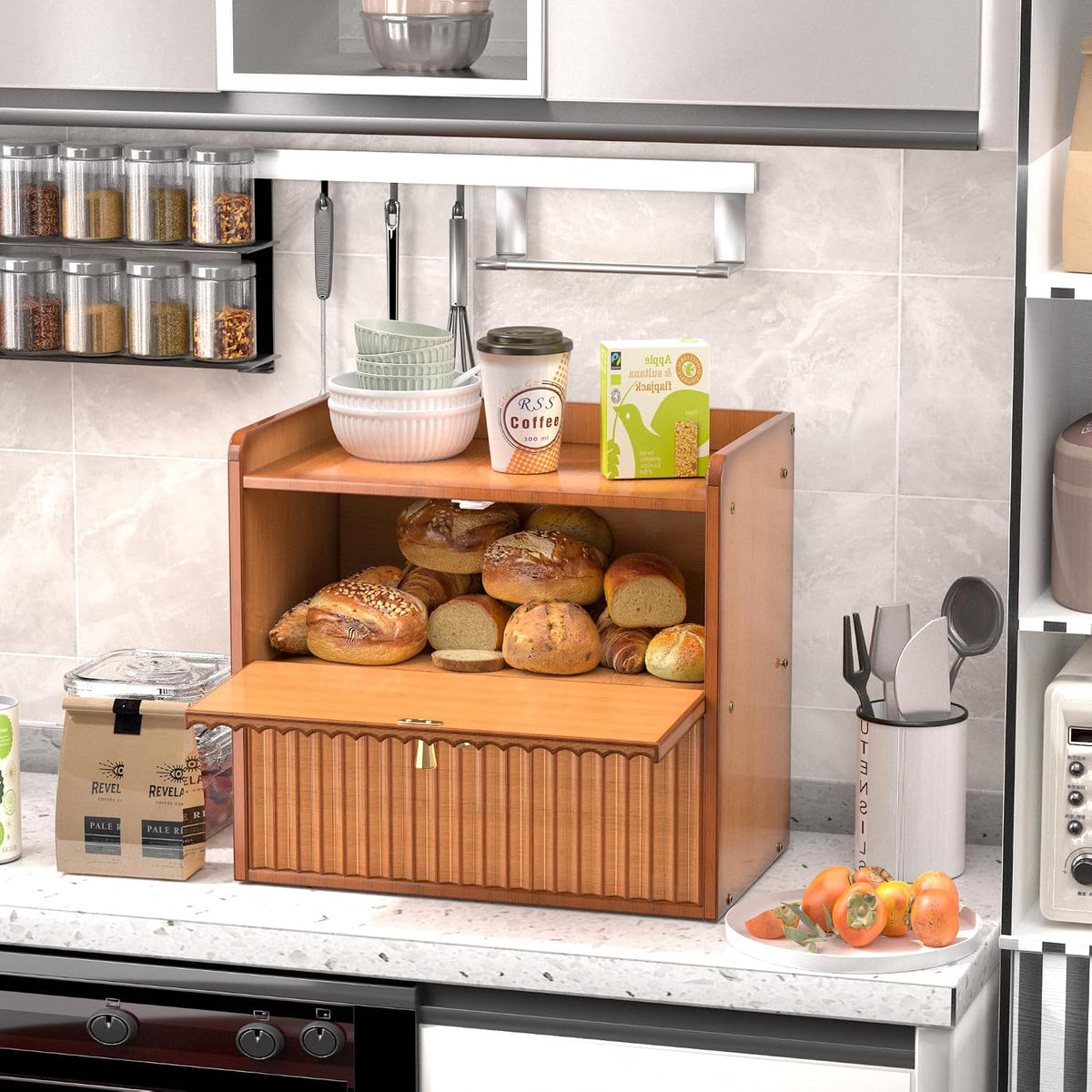 Bread Box for Kitchen Countertop, Large Bread Storage Container for Homemade Bread, Double Layer Farmhouse Breadbox