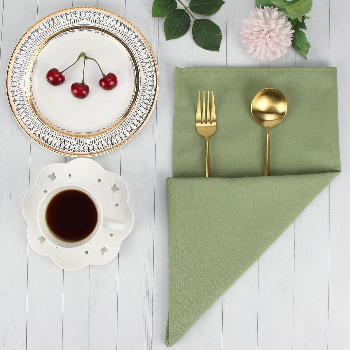 Solid Color Cotton Blended Dinner Cloth Napkins - Set of 12 (17 x 17 inches) - for Events & Home Use (Olive Green)