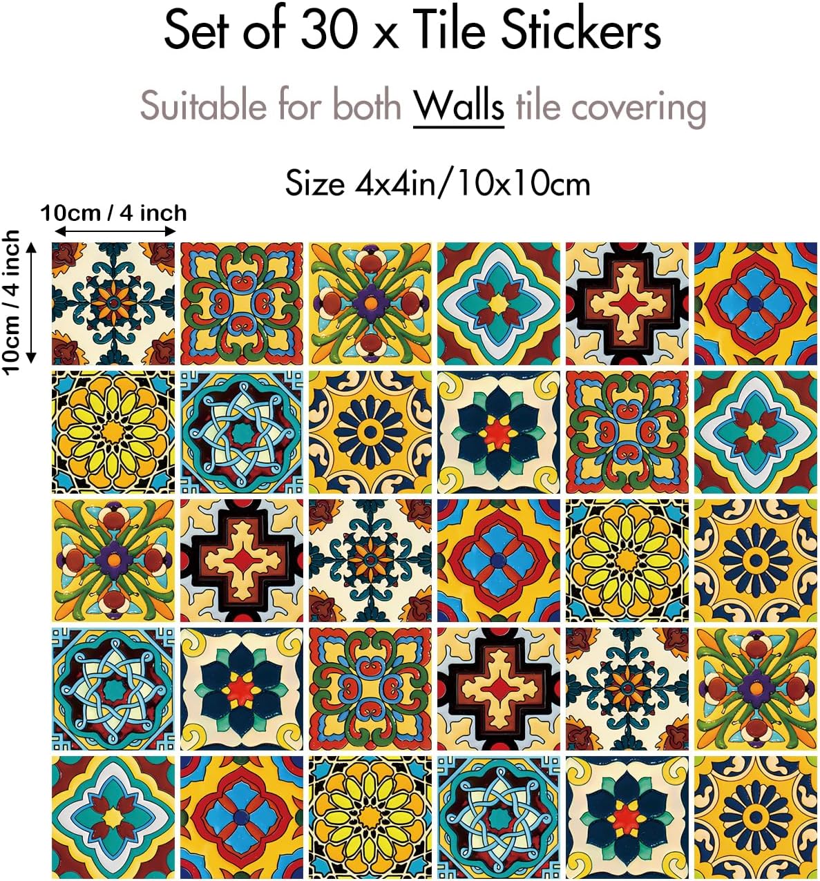Self-Adhesive Waterproof Vinyl Backsplash Decals / 4 x 4 / Set of 30