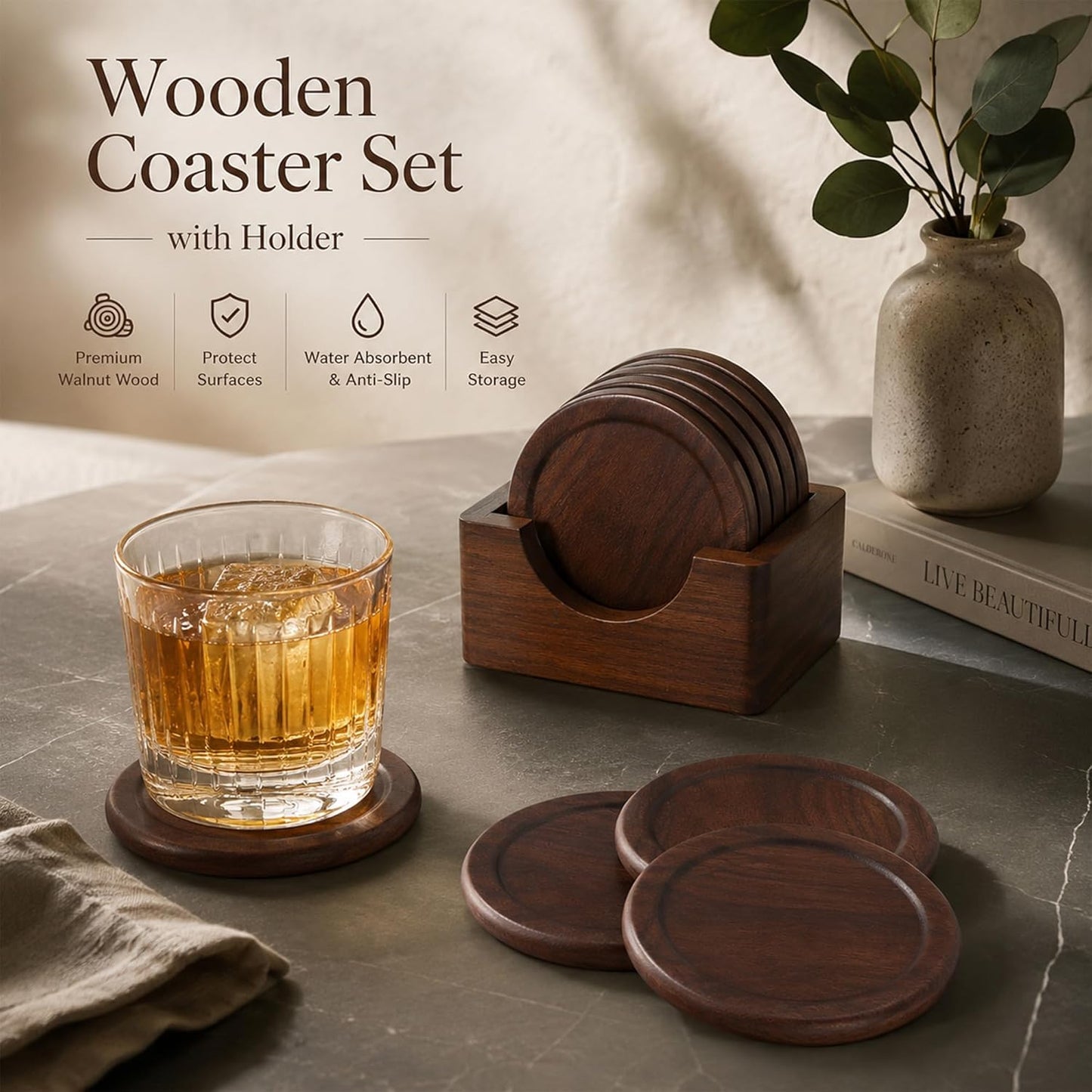 Holder / Modern Coaster Set / Black Walnut / Set of 6